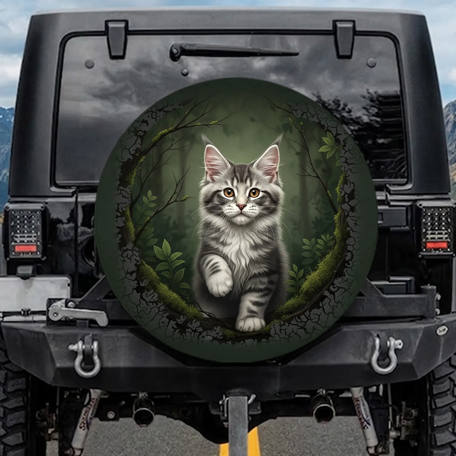 Fluffy Maine Coon Kitten Forest Foliage Moss - Home Decor Gift for Nature Lovers Spare Tire Cover - 1