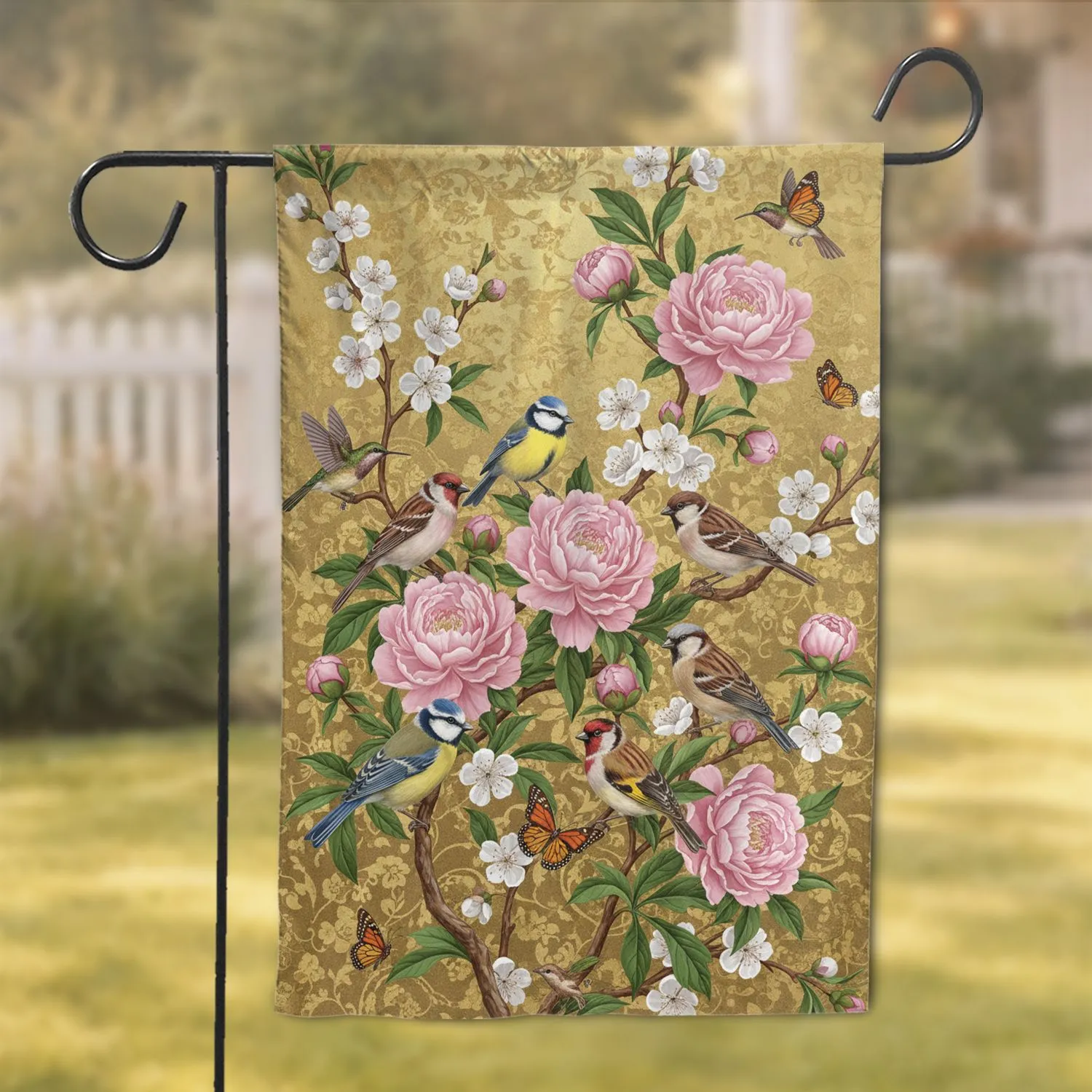 Songbirds Peonies Cherry Blossoms Gnarled Branches - Home Decor Gift for Bird Lover Garden Flag - 1