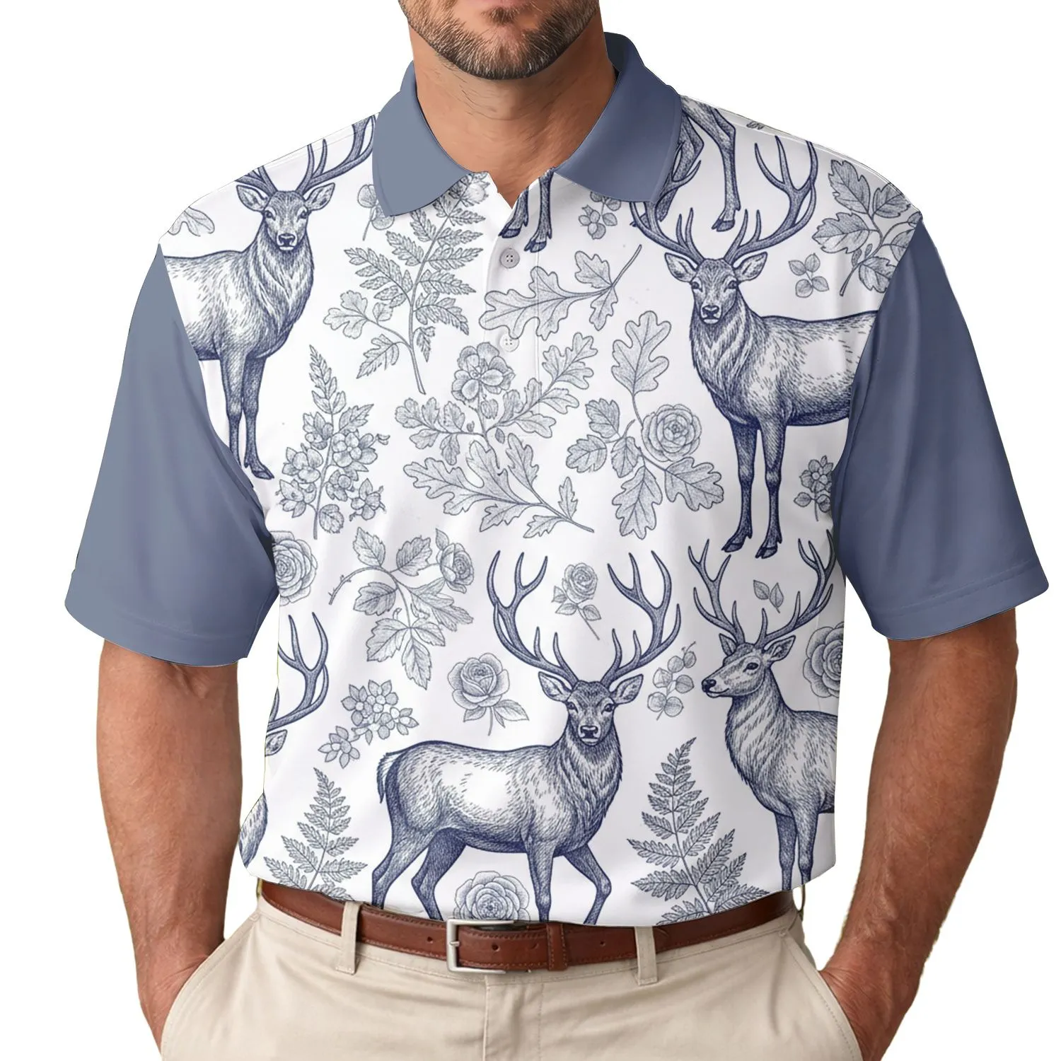 Stag Deer Antler Wild Forest Leaves Berries Floral - Nature Lover Outdoor Enthusiast Gift Men's Polo Shirt - 1