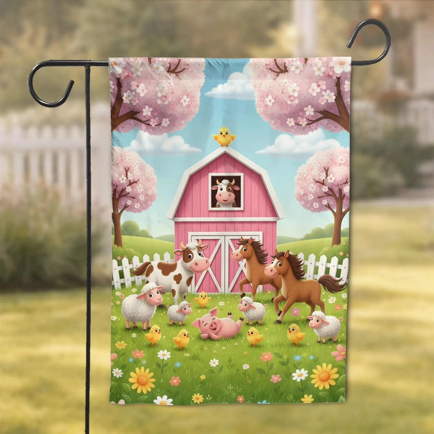 Pink Barn Farm Animals Wildflower Meadow - Farmhouse Home Decor Gift for Animal Lover Garden Flag - 1