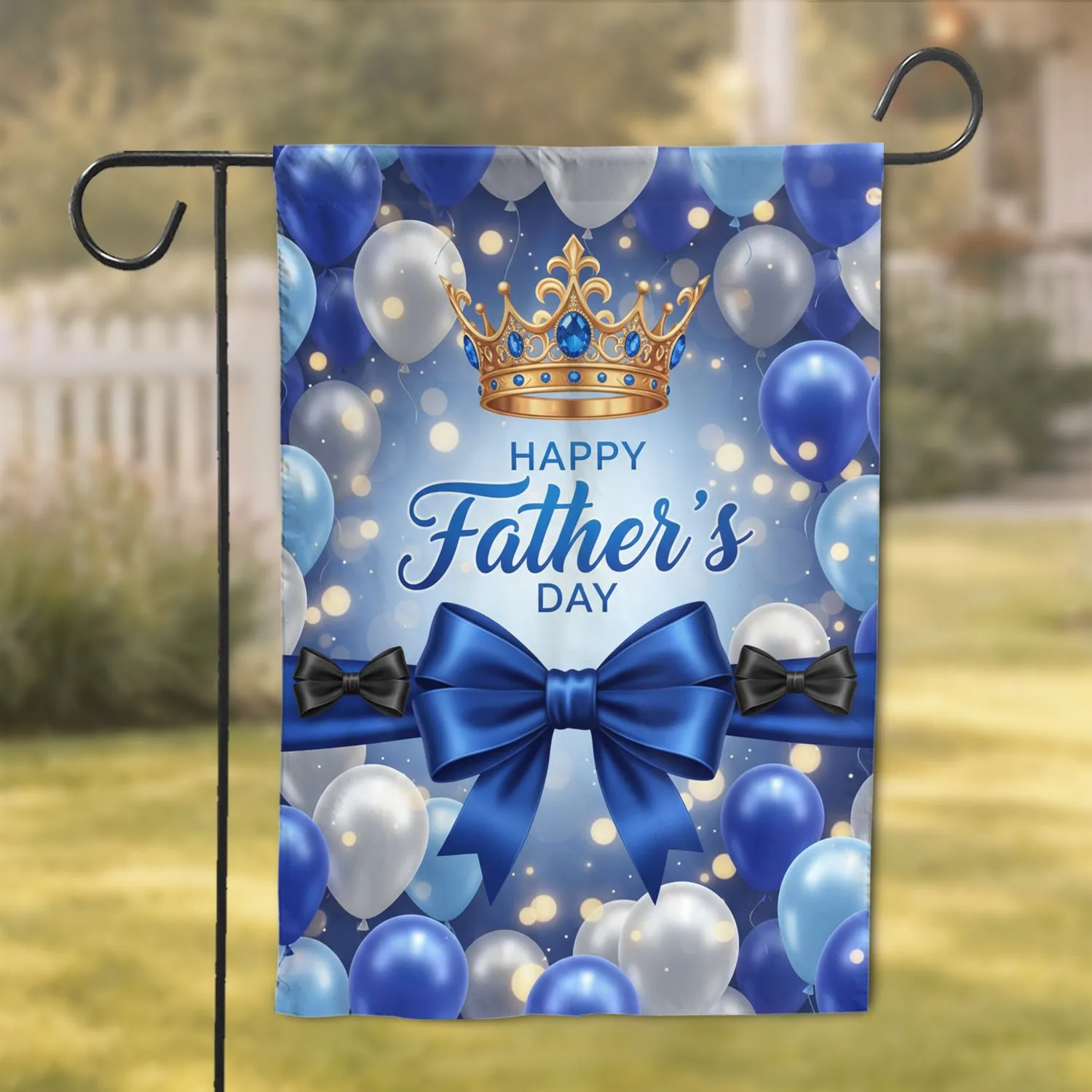 Golden Crown Royal Blue Satin Bow Balloons Lights Happy Father's Day Gift for Dad Garden Flag - 1