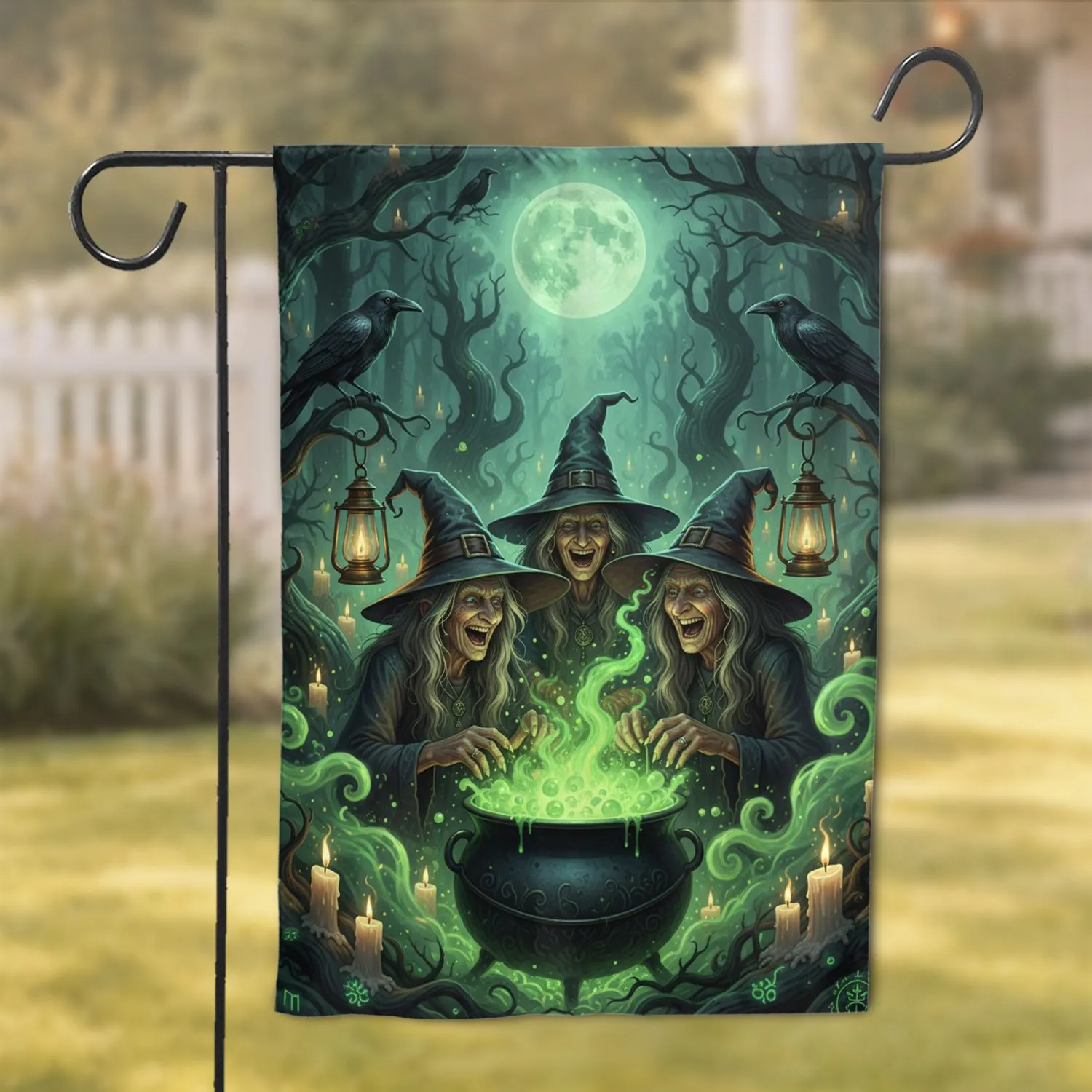 Spooky Ancient Witches Cauldron Crows Moonlit Scene - Halloween Home Decor Garden Flag - 1