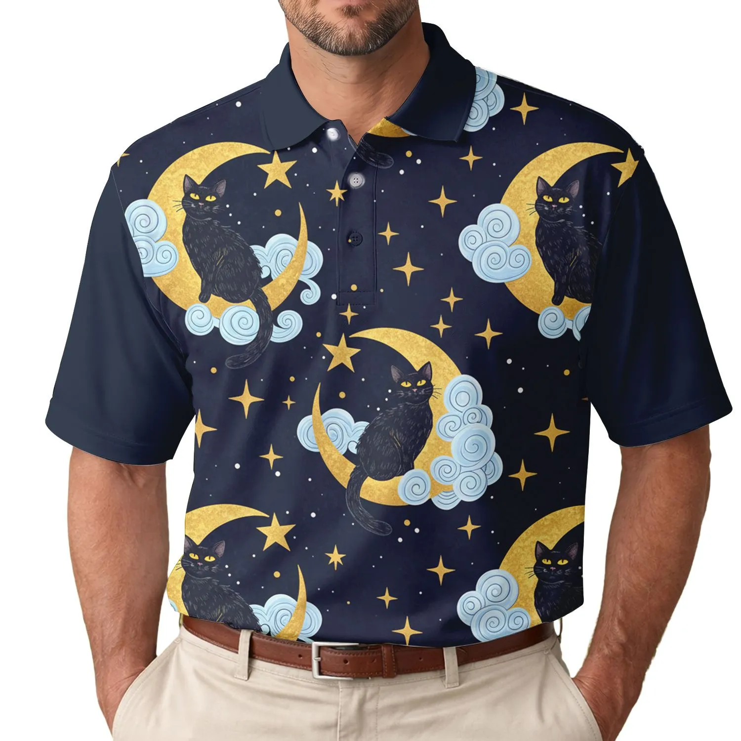 Black Cat Golden Moon Star Night Sky Scene - Stargazer Gift for Cat Lover Men's Polo Shirt - 1