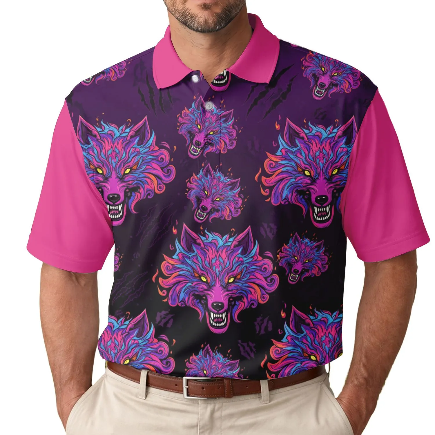 Fierce Wolf Heads Flame Tendrils Energy Patterns Wildlife Lover Gift for Wolf Lover Men's Polo Shirt - 1