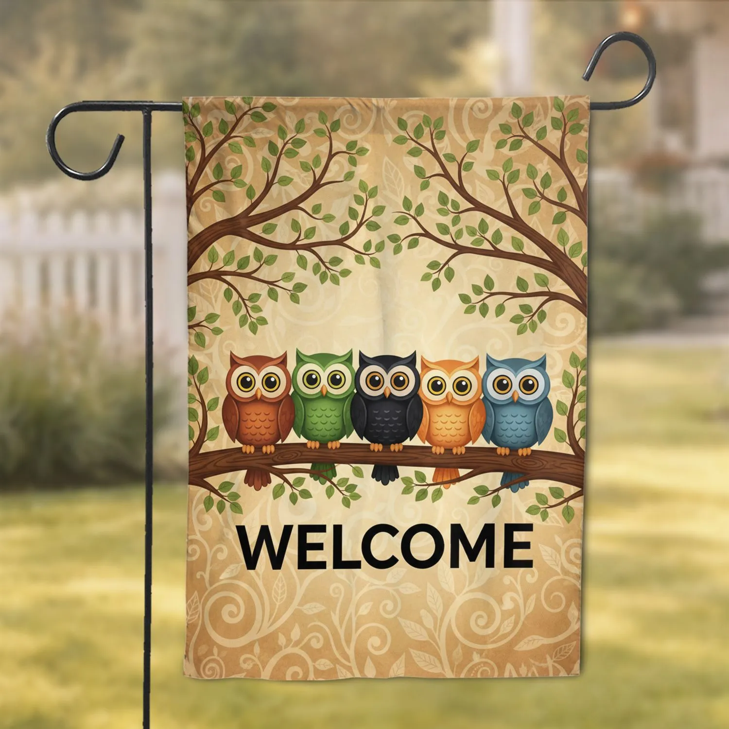 Five Owls Welcome Tree Branch Woodland - Home Decor Gift Garden Flag - 1