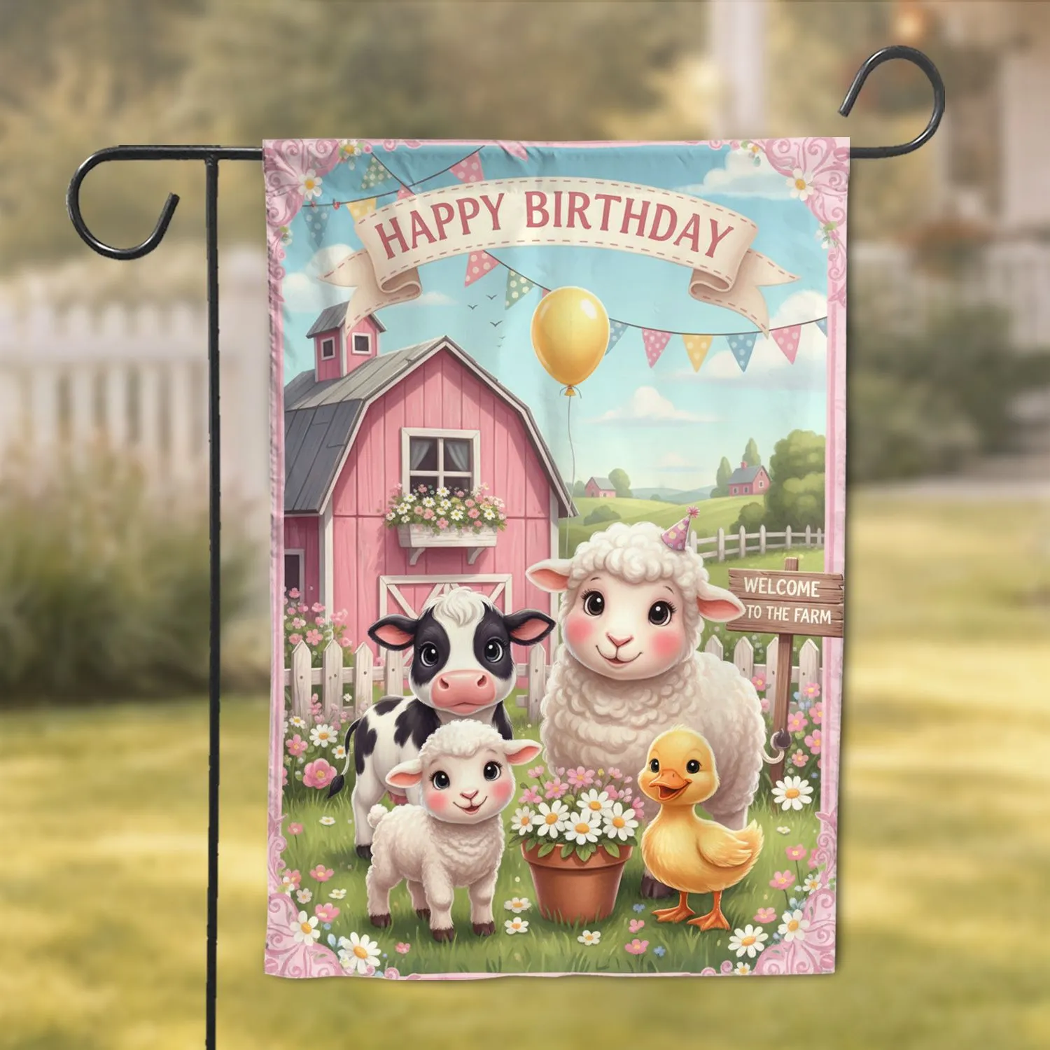 Happy Birthday Fluffy Farm Animals Barn Scene Rolling Hills Flowers - Birthday Celebration Gift Garden Flag - 1