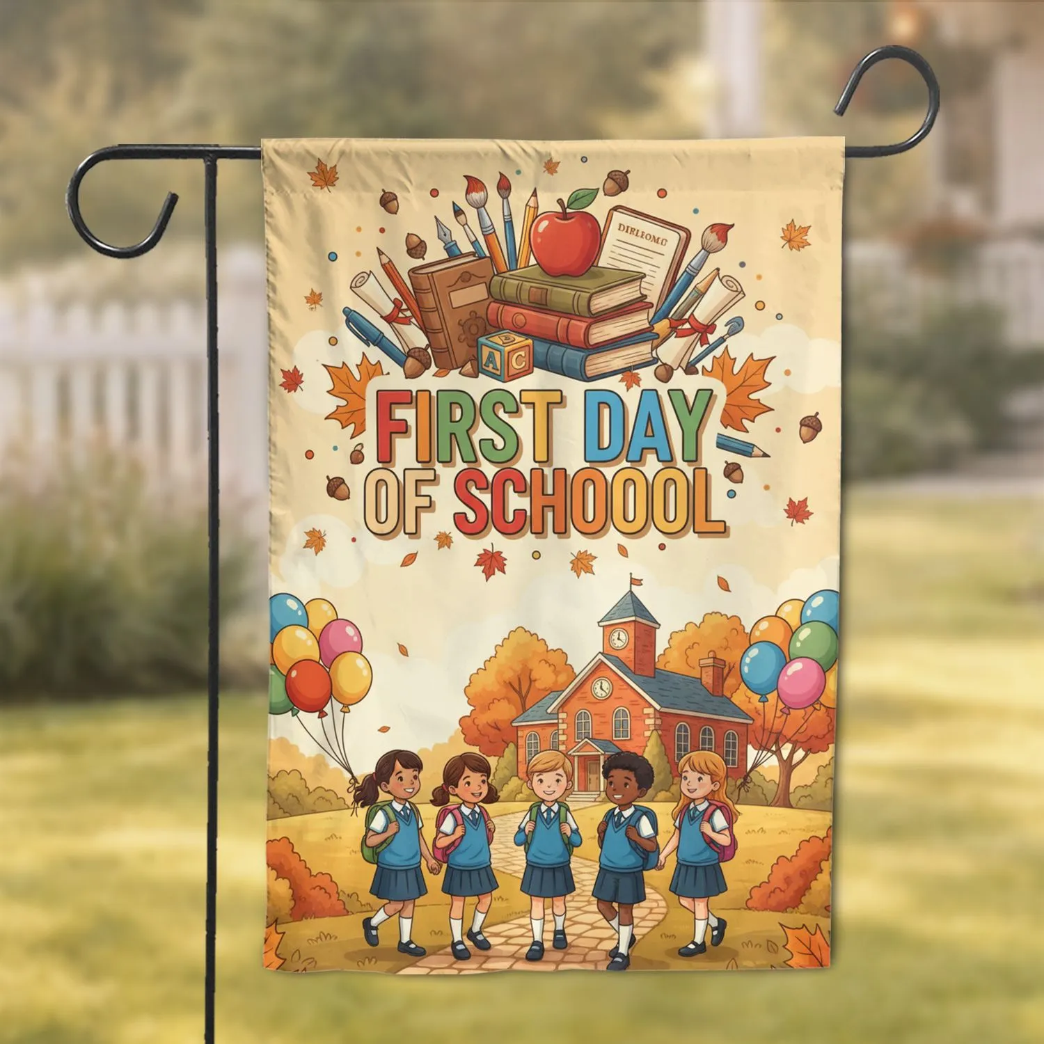 First Day of School Children Schoolhouse Autumn - Back to School Celebration for Students Garden Flag - 1