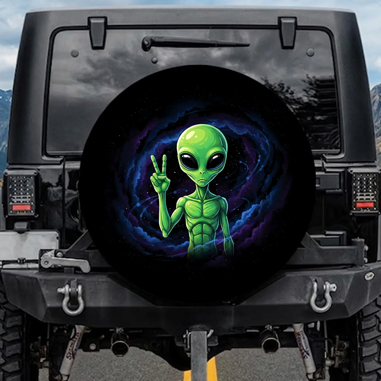 Neon Green Alien Peace Sign - SciFi Fan Gift for Space Lover Spare Tire Cover - 1