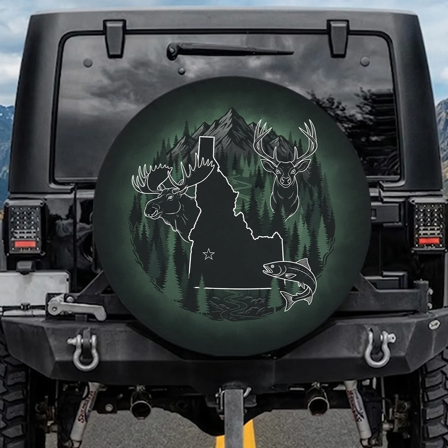 Idaho State Map Moose Deer Fish Mountains River - Wildlife Lover Gift Spare Tire Cover - 1