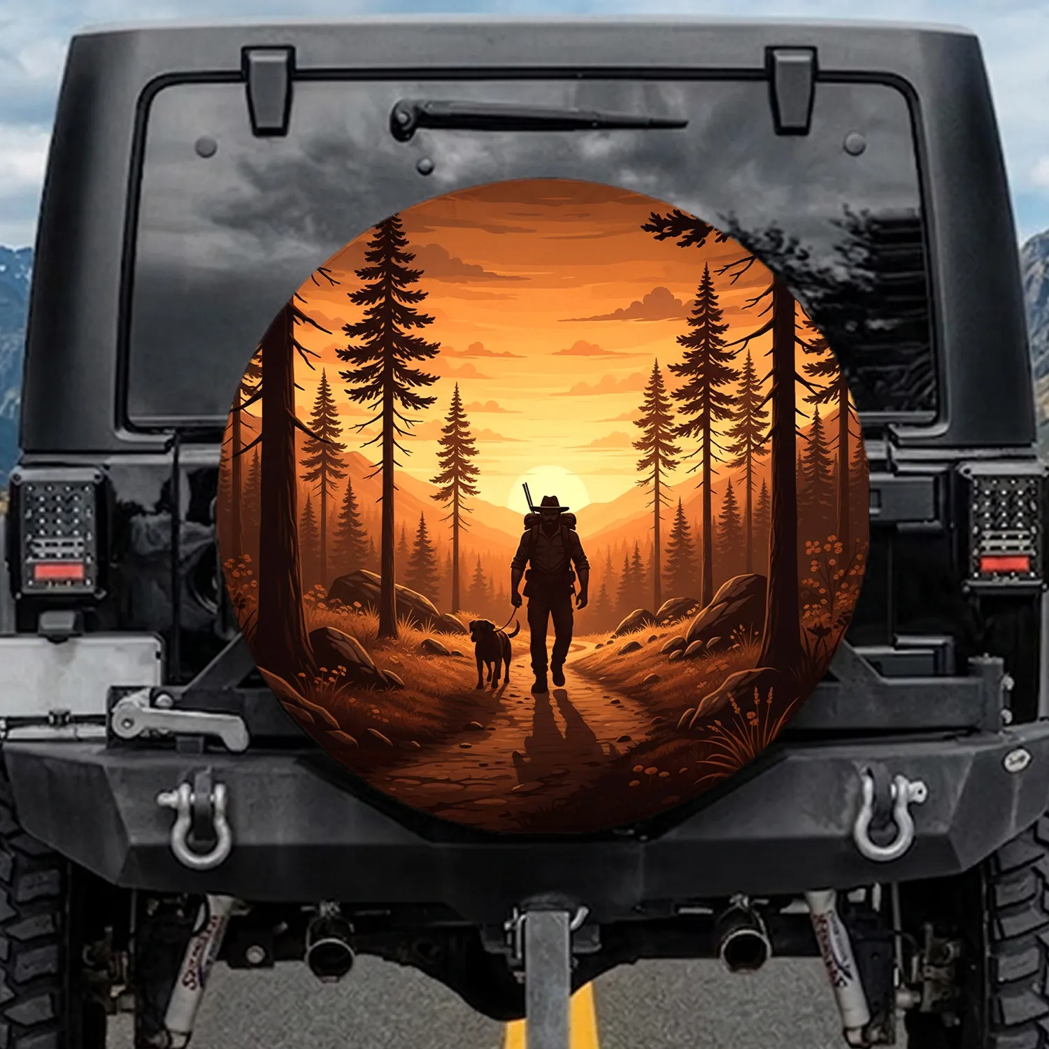 Silhouette Hunter Dog Pine Trees Sunset Mountains - Outdoor Adventure Gift for Hunters Spare Tire Cover - 1