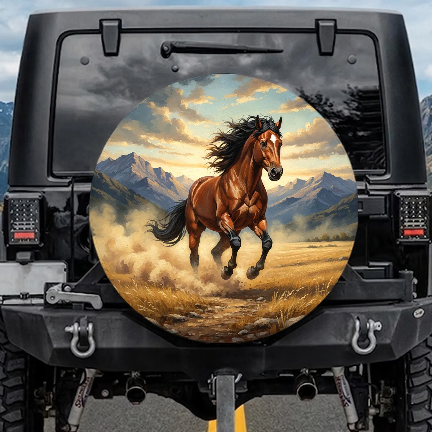Dust Kicking Galloping Brown Horse Mountain - Wildlife Lover Gift Spare Tire Cover - 1