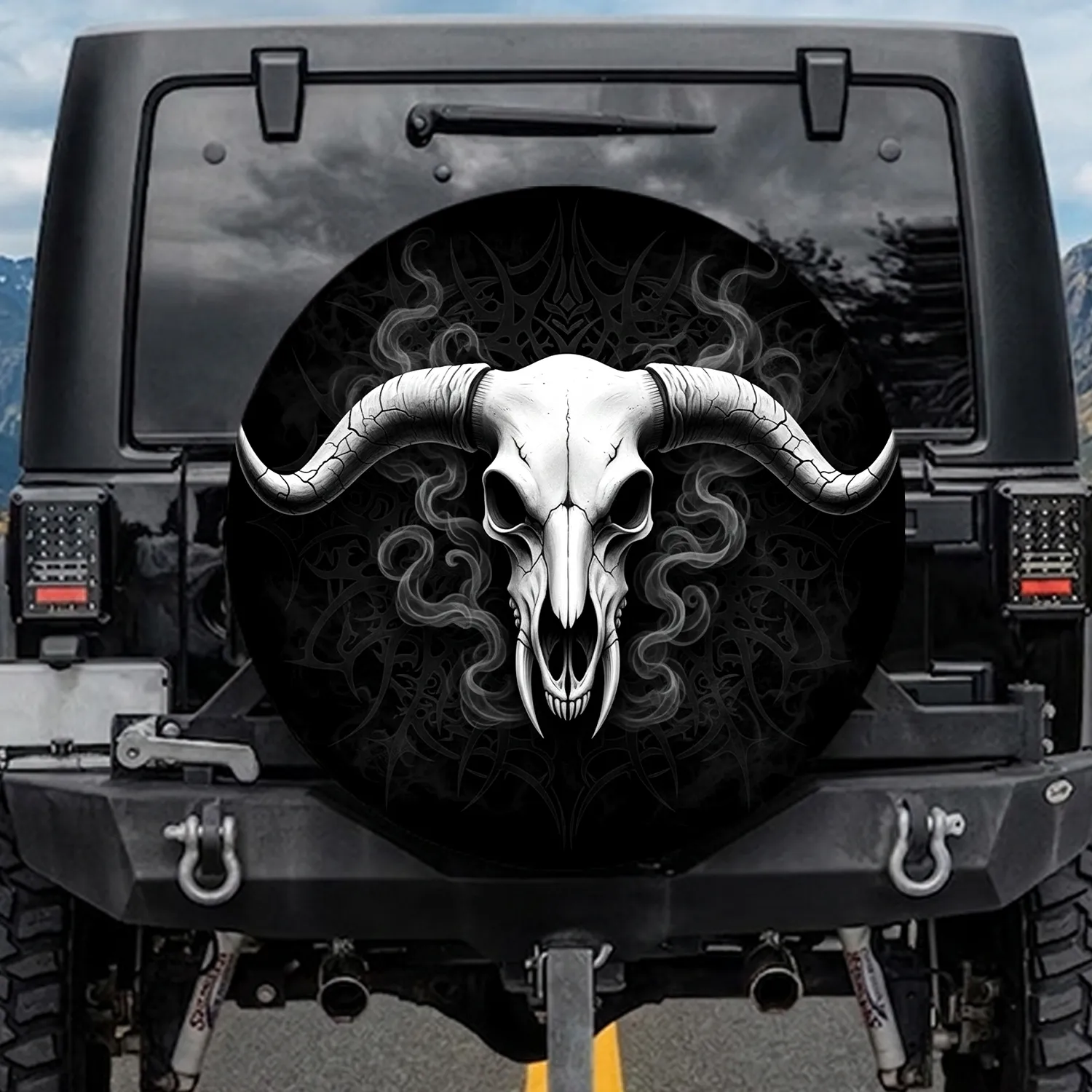 Horned Skull Fanged Teeth Tribal - Halloween Party Gift Spare Tire Cover - 1