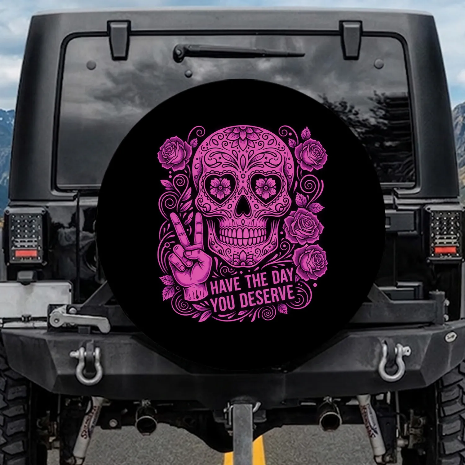 Sugar Skull Floral Filigree Peace Hand Roses - Everyday Travel Gift Spare Tire Cover - 1