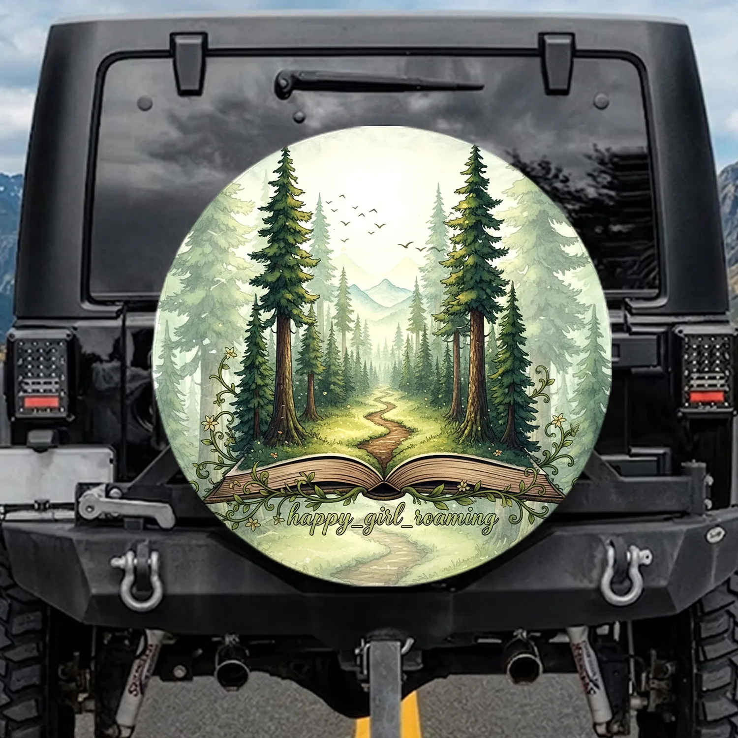 Open Storybook Winding Forest Path happy_girl_roaming - Nature Lover Gift Spare Tire Cover - 1