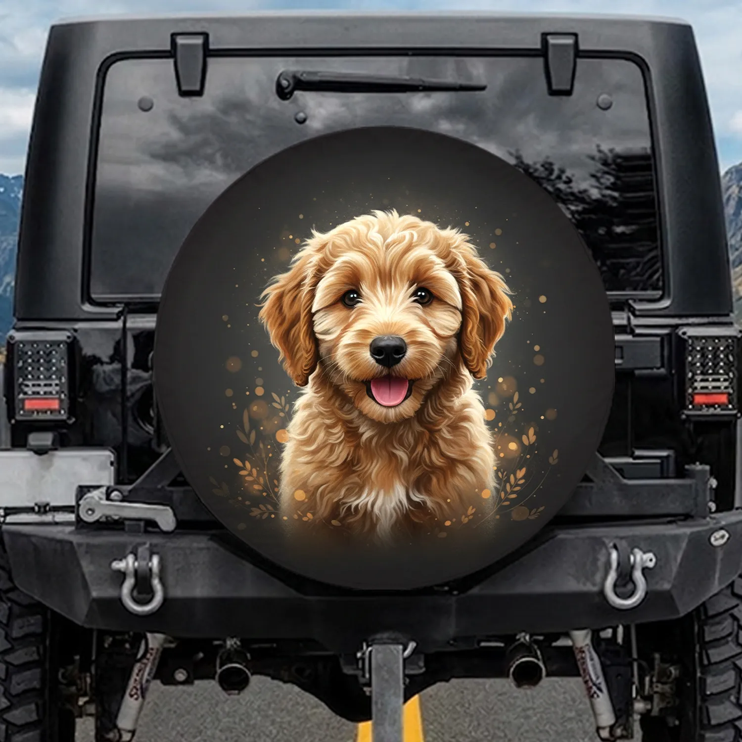 Light Brown Fluffy Goldendoodle Puppy Charcoal Background - Dog Lover Gift for Pet Owners Spare Tire Cover - 1