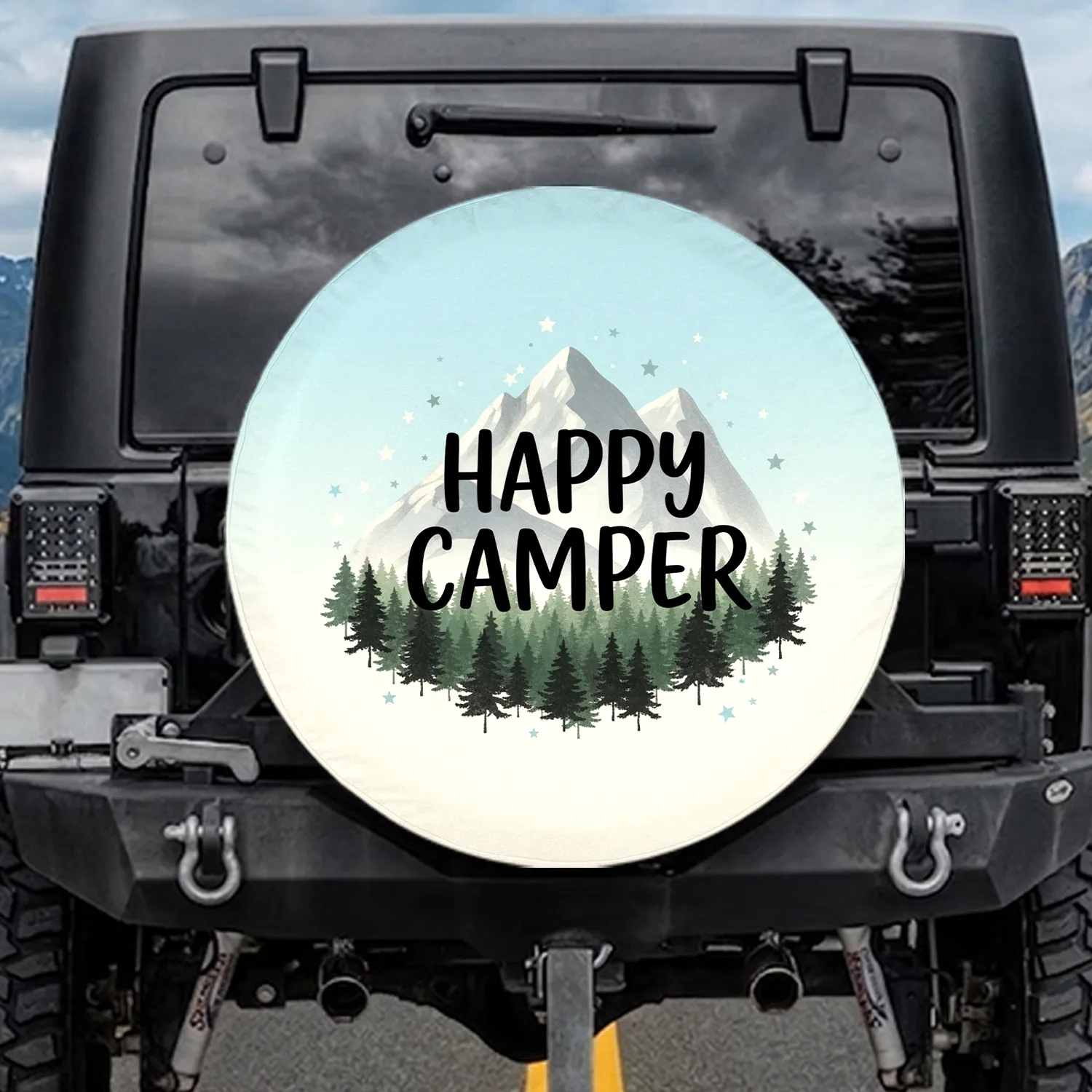 Happy Camper Mountain Peaks Forest Stars - Camping Lifestyle Gift for Campers Spare Tire Cover - 1