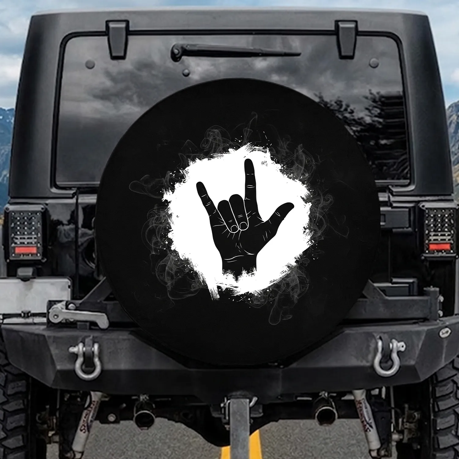 Black White I Love You Hand Sign Silhouette - Travel Essentials Spare Tire Cover - 1