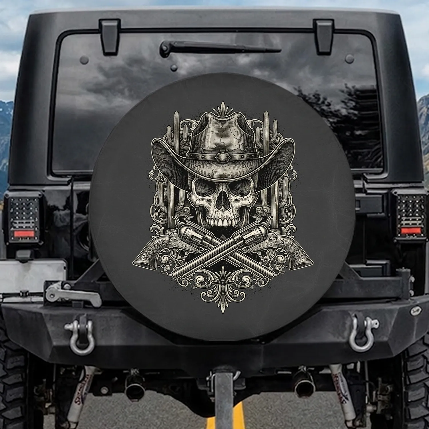 Skull Revolvers Cowboy Hat - Western Lifestyle Gift for Western Enthusiasts Spare Tire Cover - 1