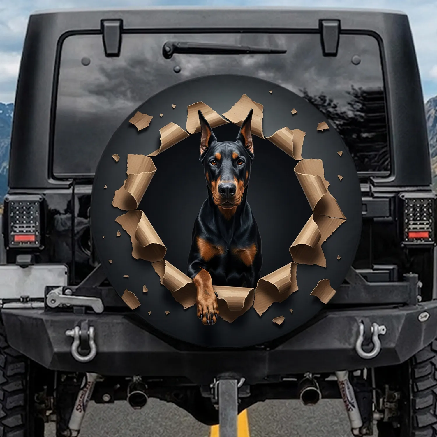 Majestic Black Tan Doberman Pinscher Distressed Torn Cardboard - Vehicle Decor Dog Lover Gift Spare Tire Cover - 1