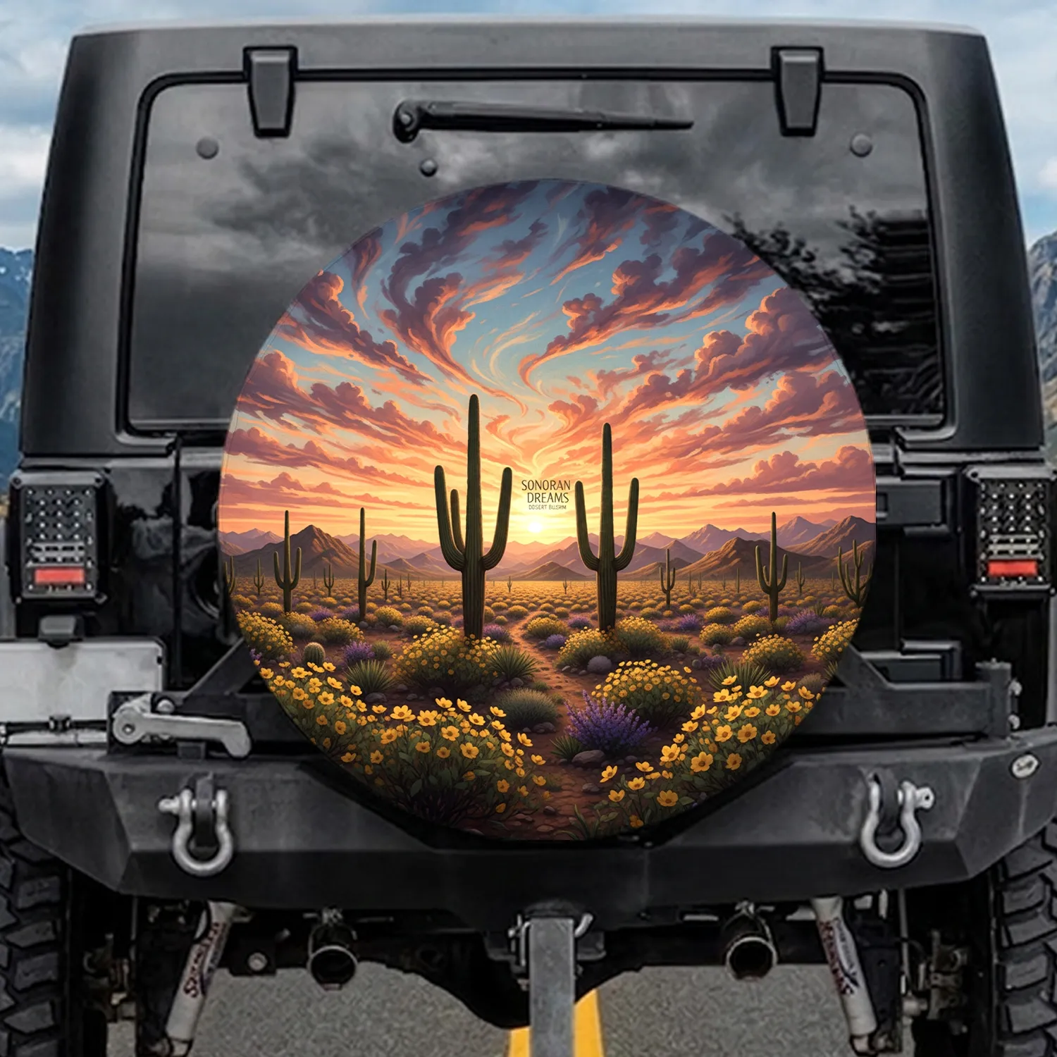 Saguaro Cacti Sonoran Desert Sunset Wildflowers - Nature Lover Home Decor Gift Spare Tire Cover - 1