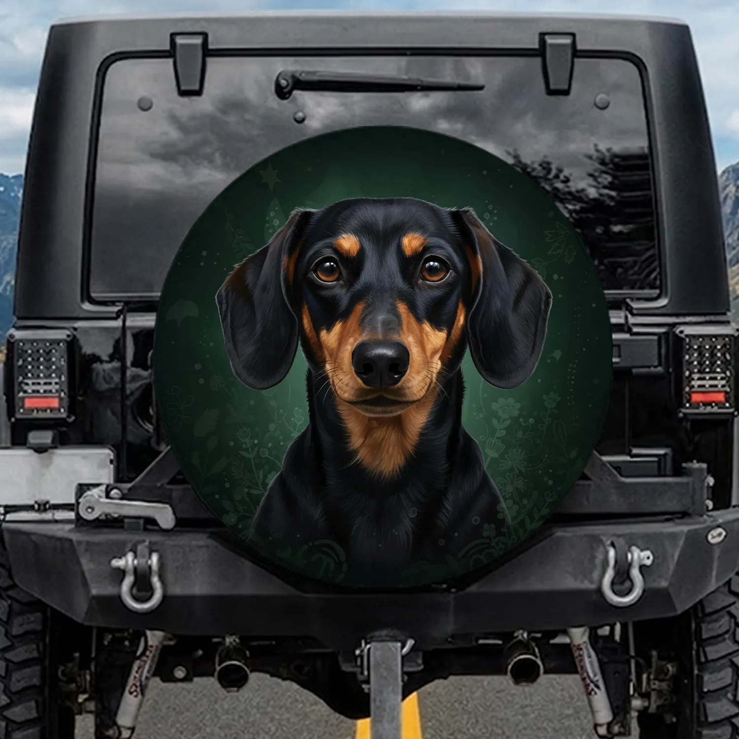 Gentle Black Tan Dachshund Dog Portrait - Dog Lover Gift for Dachshund Owners Spare Tire Cover - 1