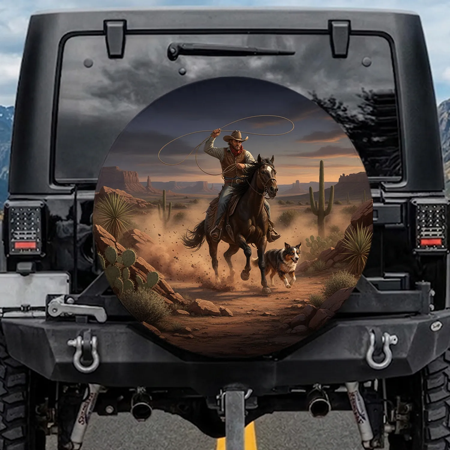 Galloping Cowboy Horse Dog Lasso Dusty Desert Mesas - Rugged Western Lifestyle Decor Gift Spare Tire Cover - 1