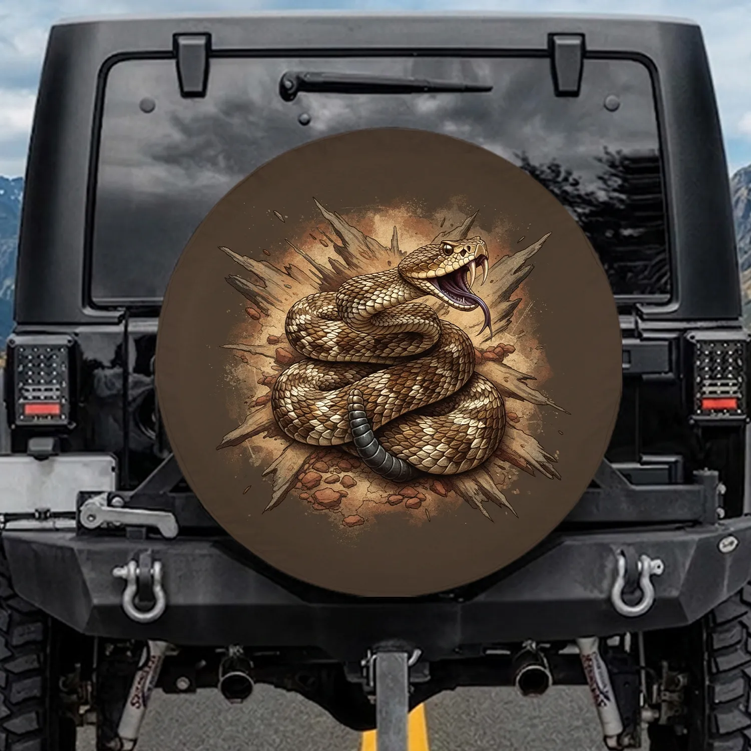 Realistic Coiled Rattlesnake Fangs Tongue Strike - Wildlife Lover Gift for Snake Fans Spare Tire Cover - 1