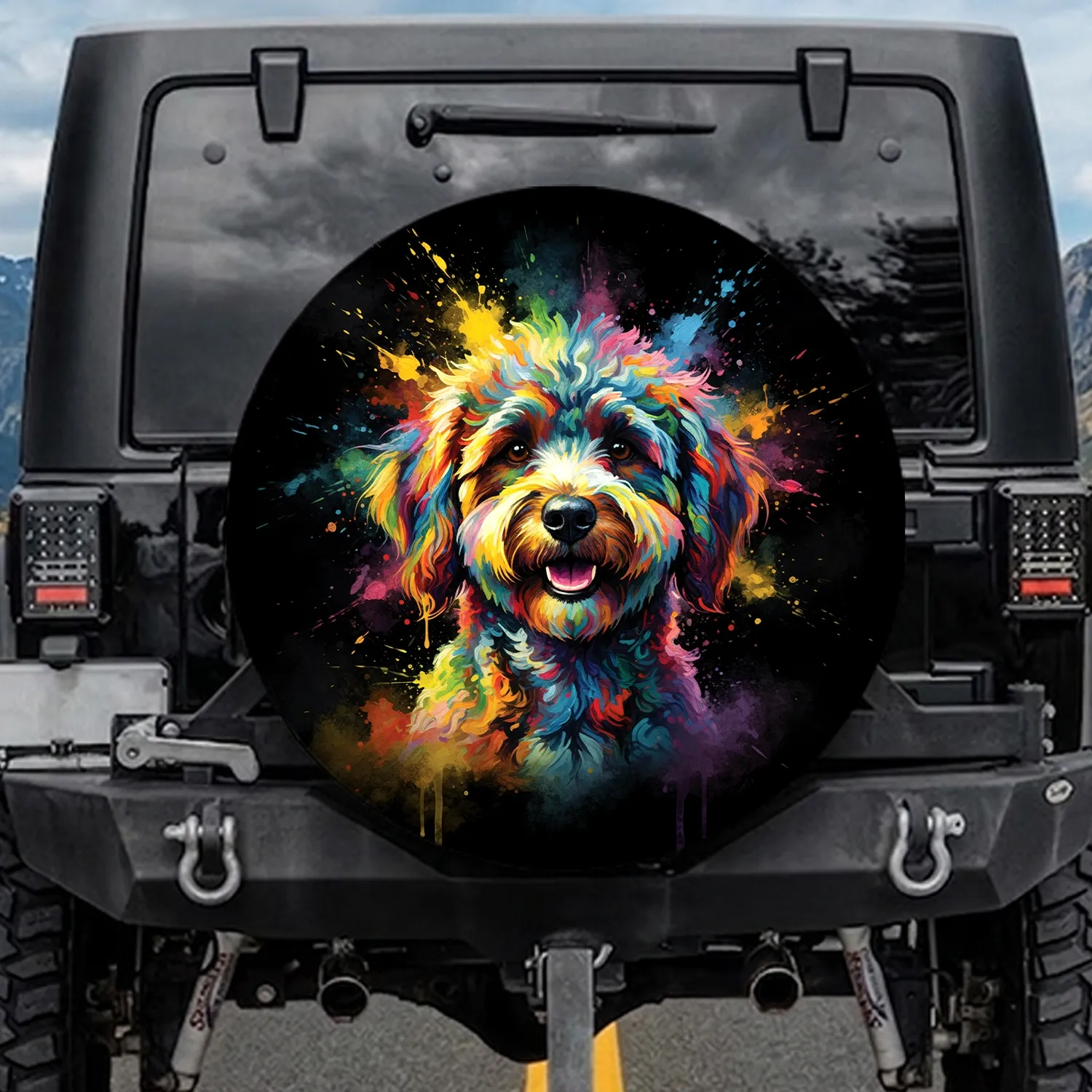Multi-Colored Fluffy Poodle Doodle Dog Head - Dog Lover Home Decor Gift Spare Tire Cover - 1