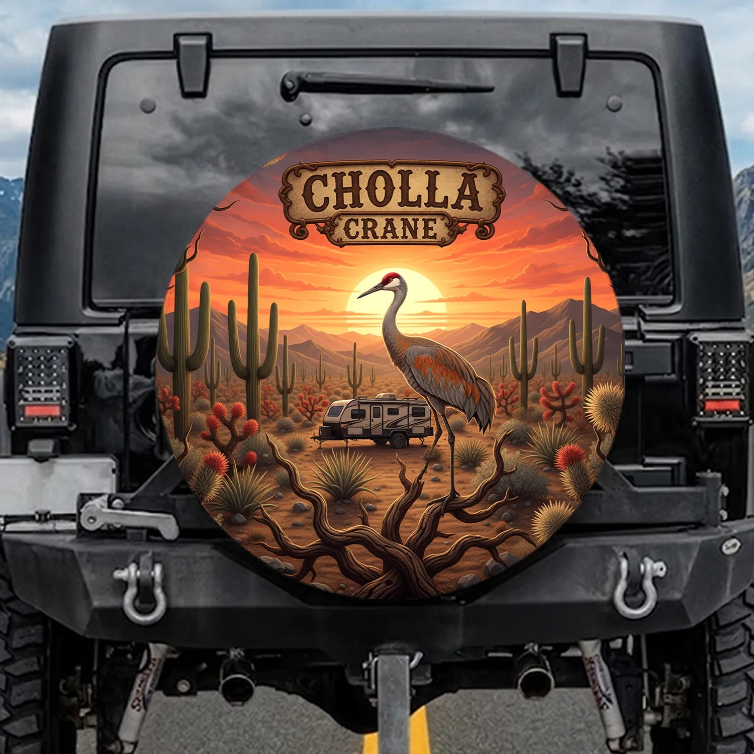 Sandhill Crane Cholla Cactus Desert Sunset - Off-Road Adventure Gift Spare Tire Cover - 1