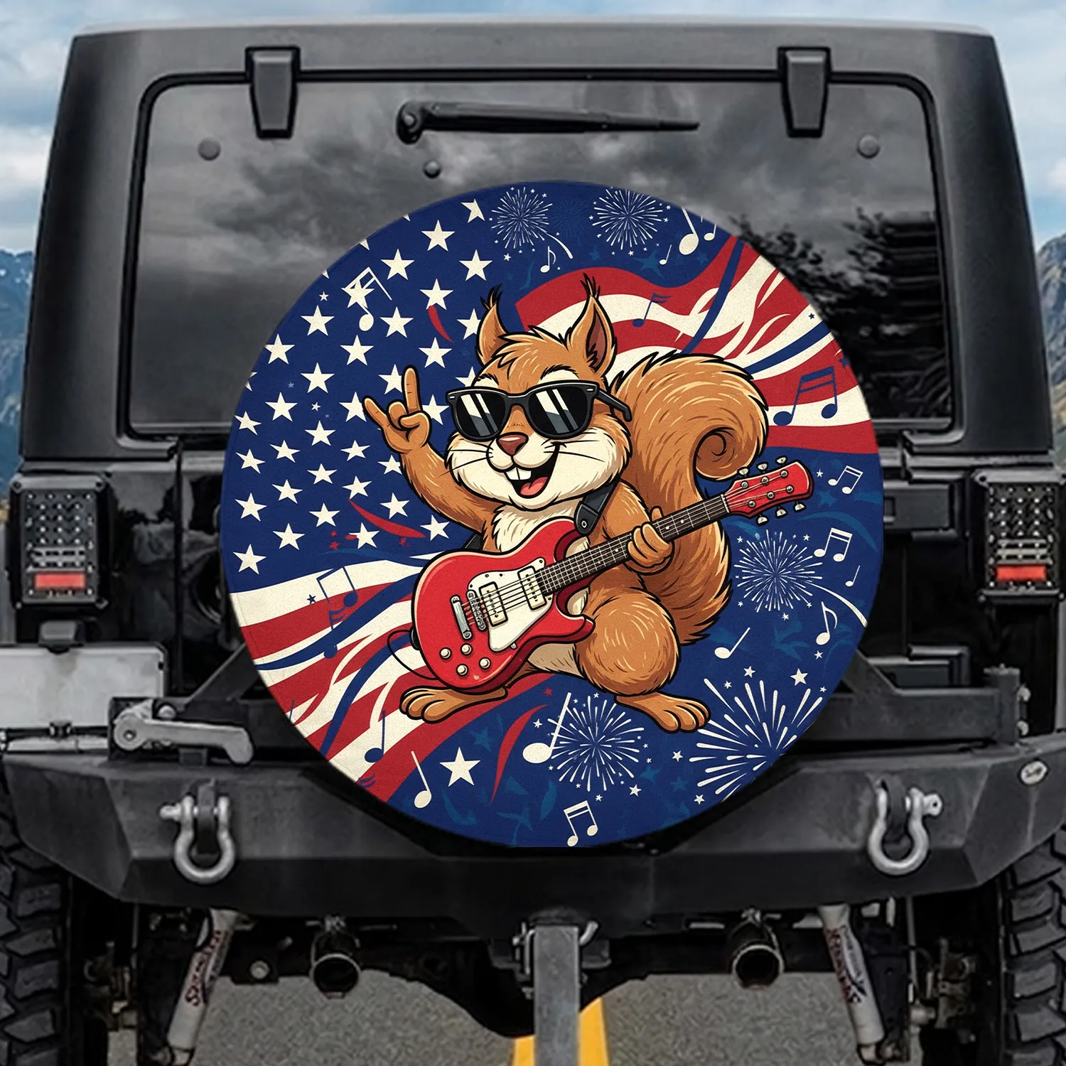 American Flag Squirrel Guitar - Independence Day Music Lover Gift Spare Tire Cover - 1