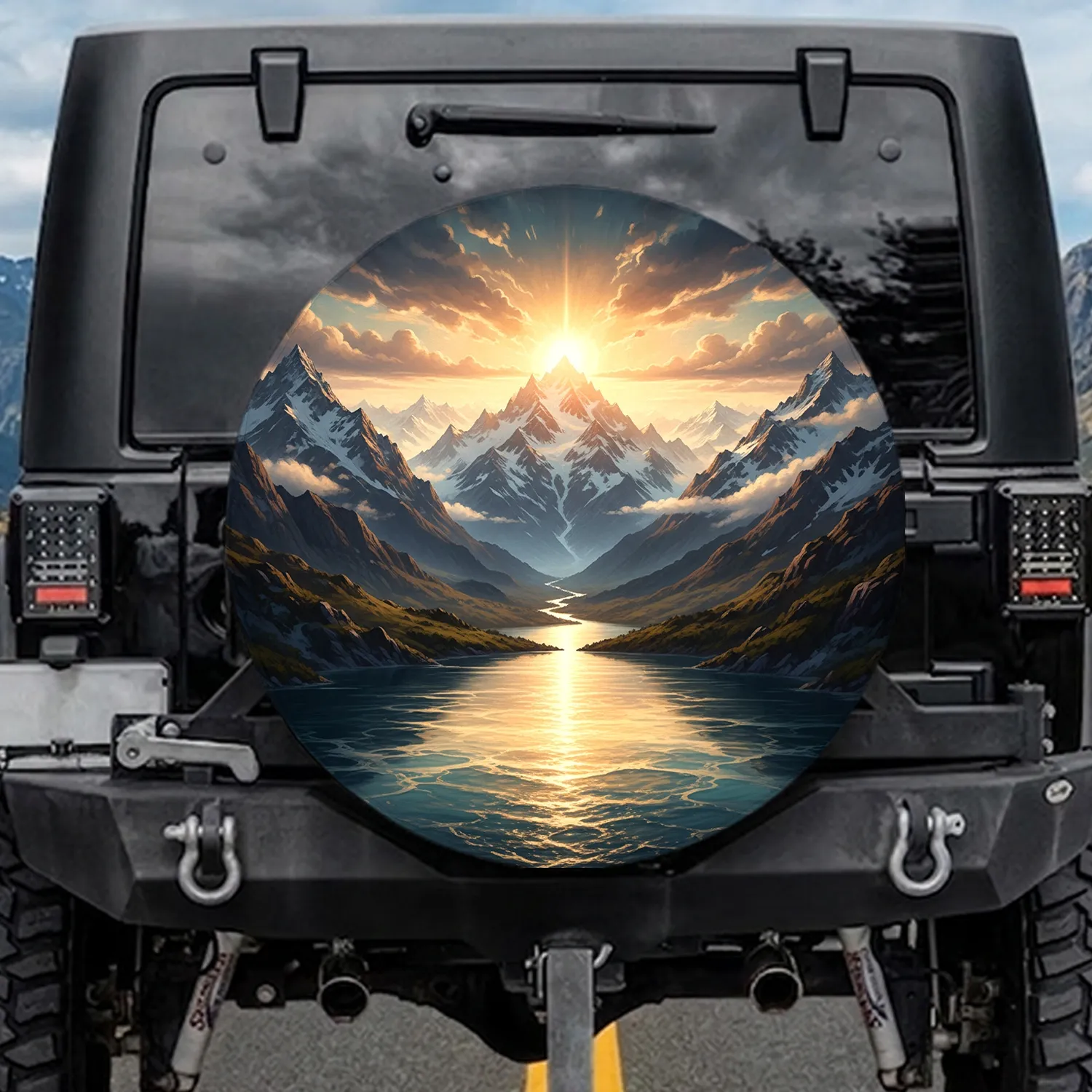 Expansive Sunburst Alpine Mountain Lake Valley Vista - Outdoor Adventure Gift Spare Tire Cover - 1