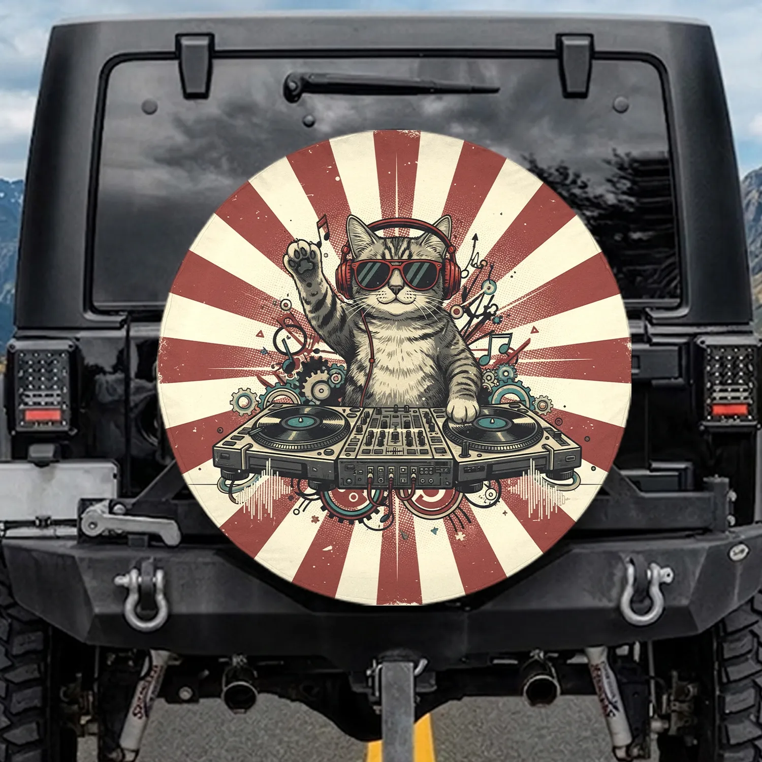 Tabby Cat DJ Turntable Sunburst - Music Lover Gift Spare Tire Cover - 1