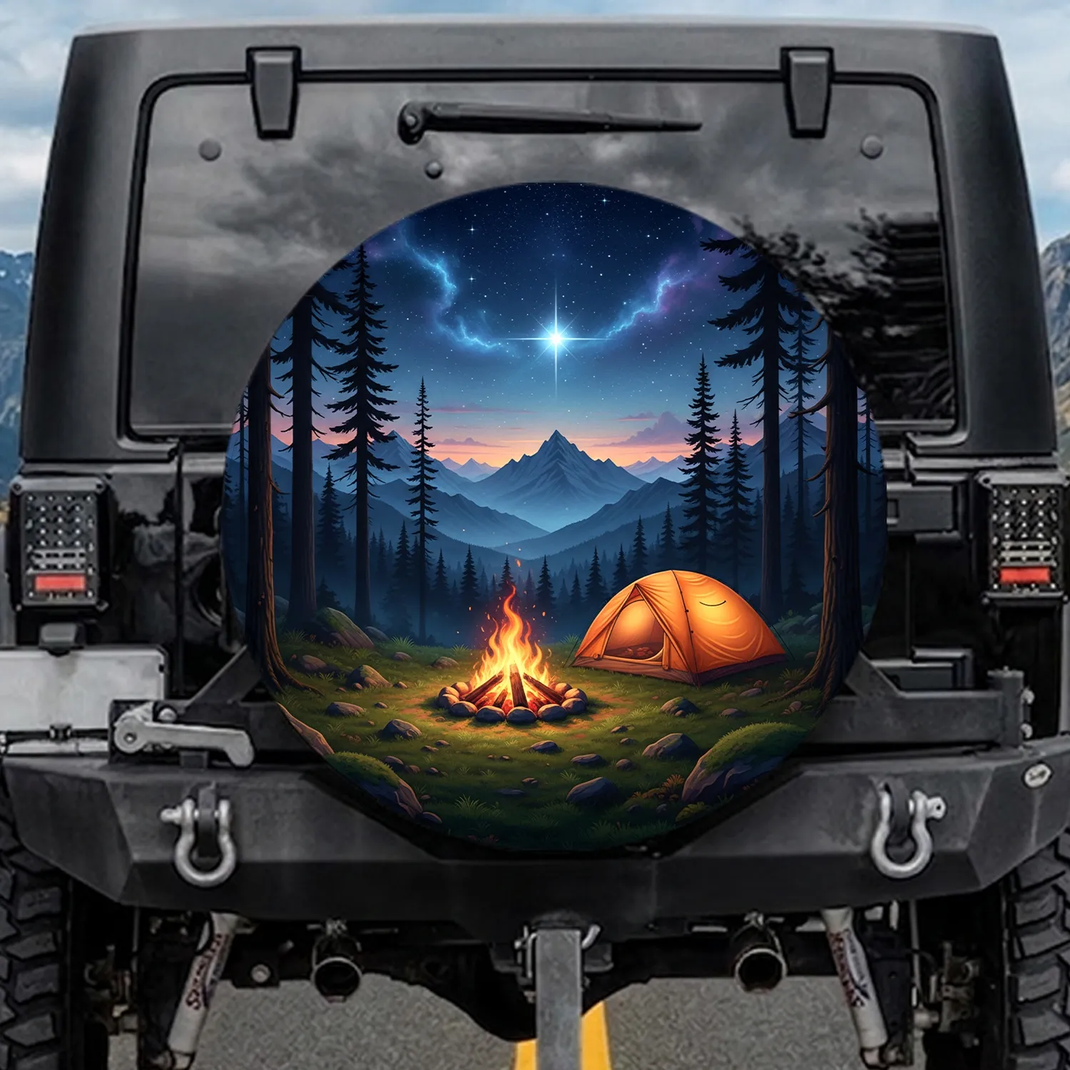 Campfire Camping Tent Mountain Night Sky - Camping Trip Essentials Spare Tire Cover - 1
