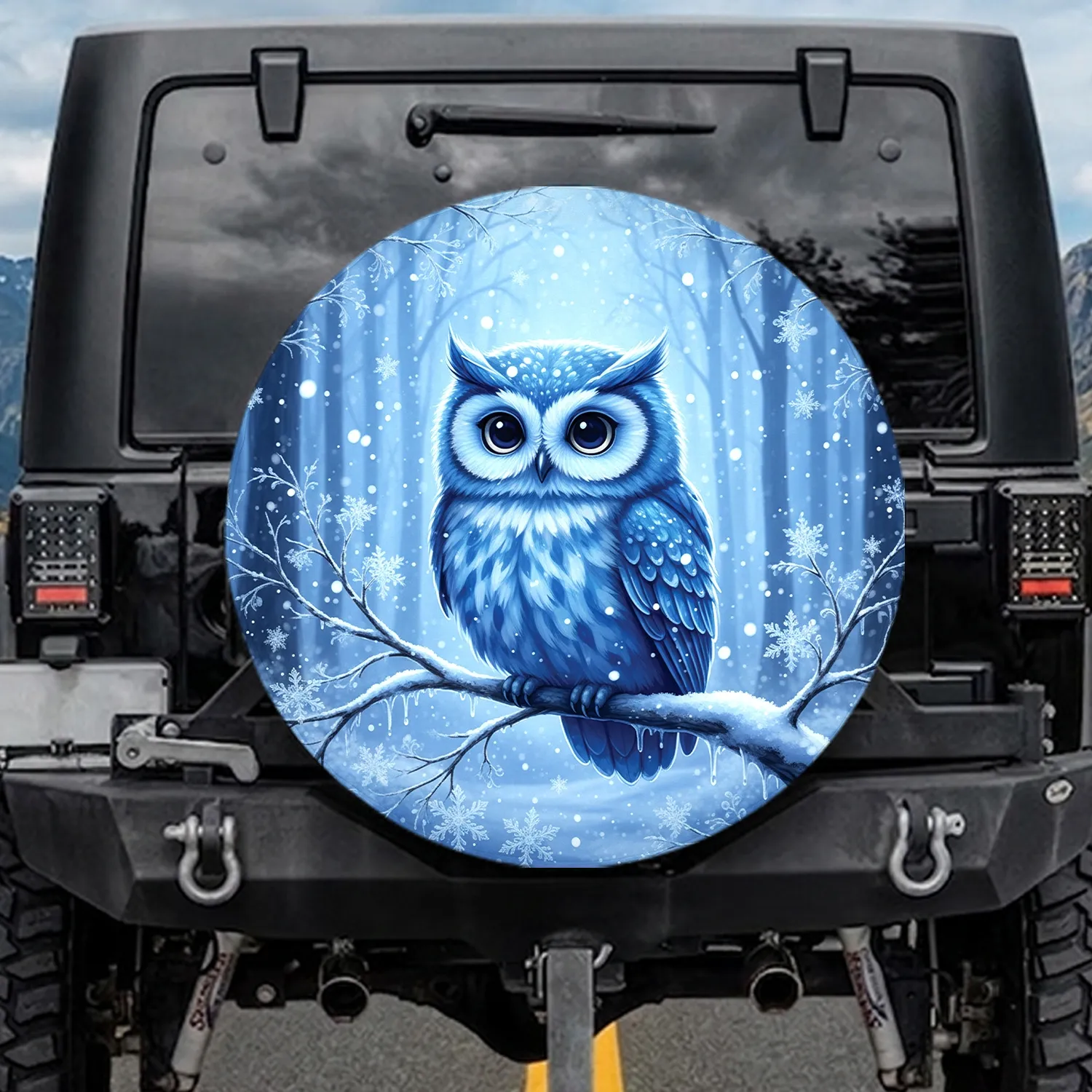 Fluffy Blue Owl Snow Branch Winter Forest - Wildlife Lover Winter Season Gift Spare Tire Cover - 1