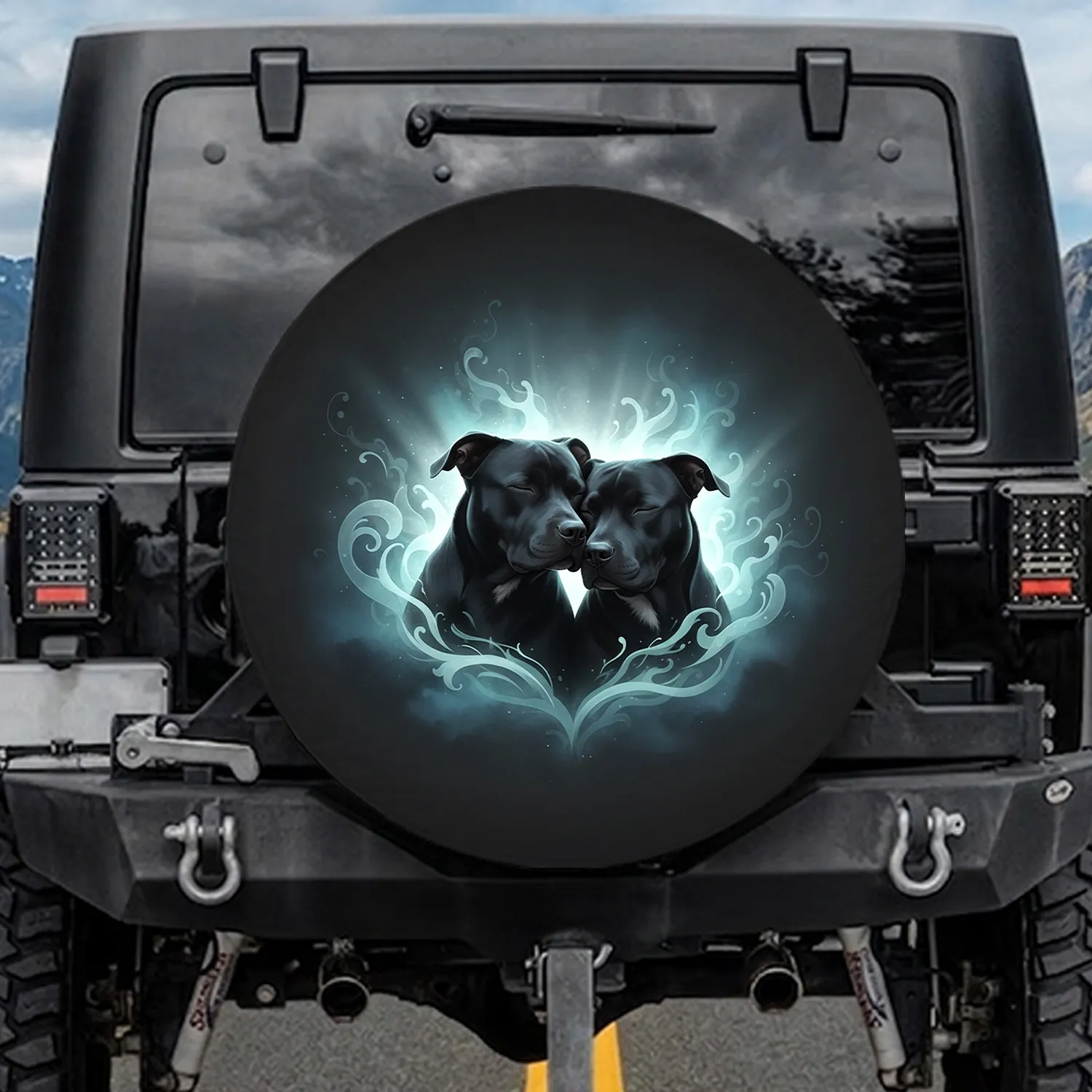 Two Black Pit Bull Dogs Embracing - Dog Lover Vehicle Decor Gift for Dog Owners Spare Tire Cover - 1