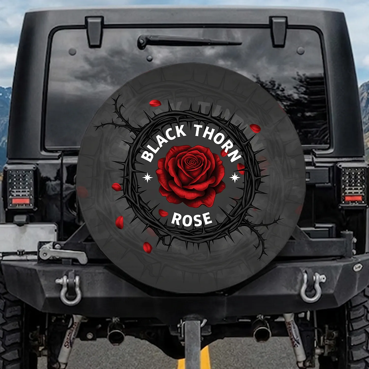 Black Thorn Rose Red Petals Shadowy Thorns Stars - Gothic Lifestyle Gift for Gothic Lover Spare Tire Cover - 1
