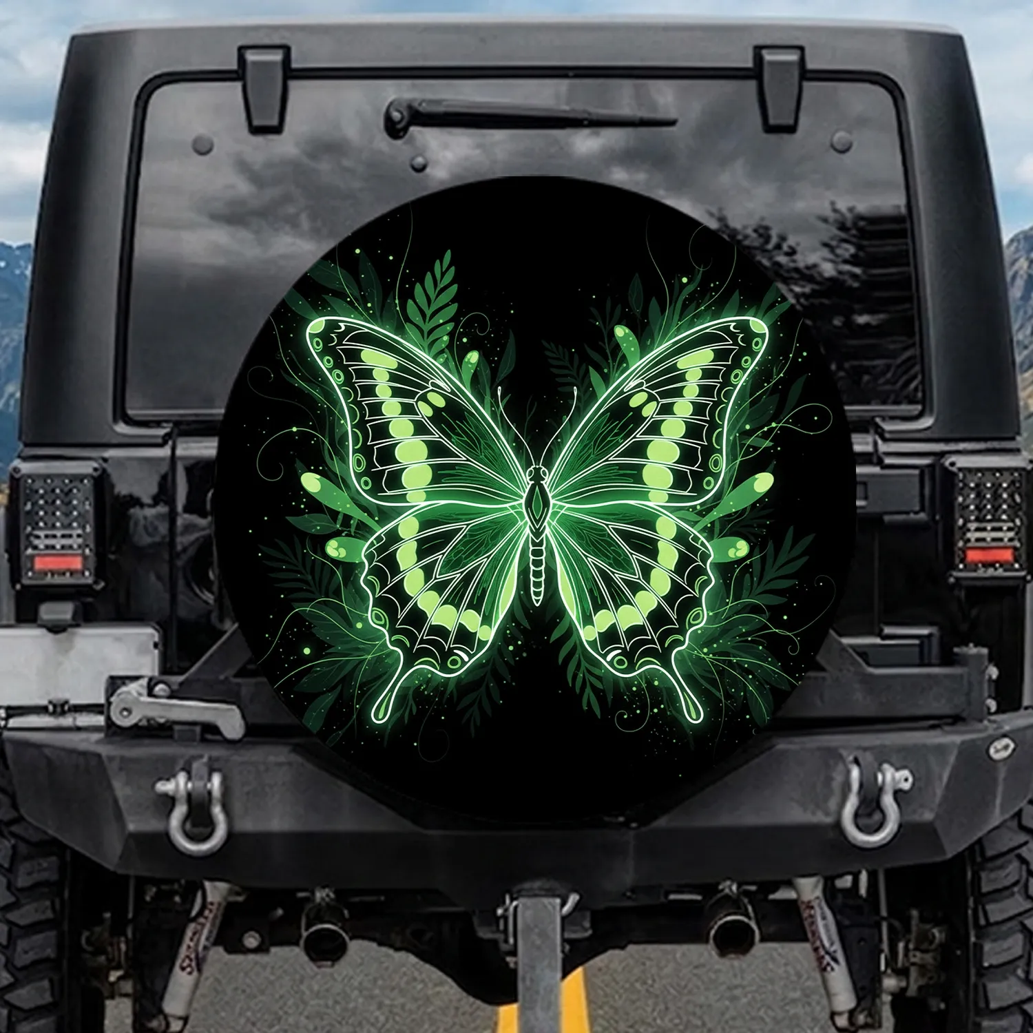 Neon Green Butterfly Glow - Outdoor Travel Gift for Butterfly Lovers Spare Tire Cover - 1