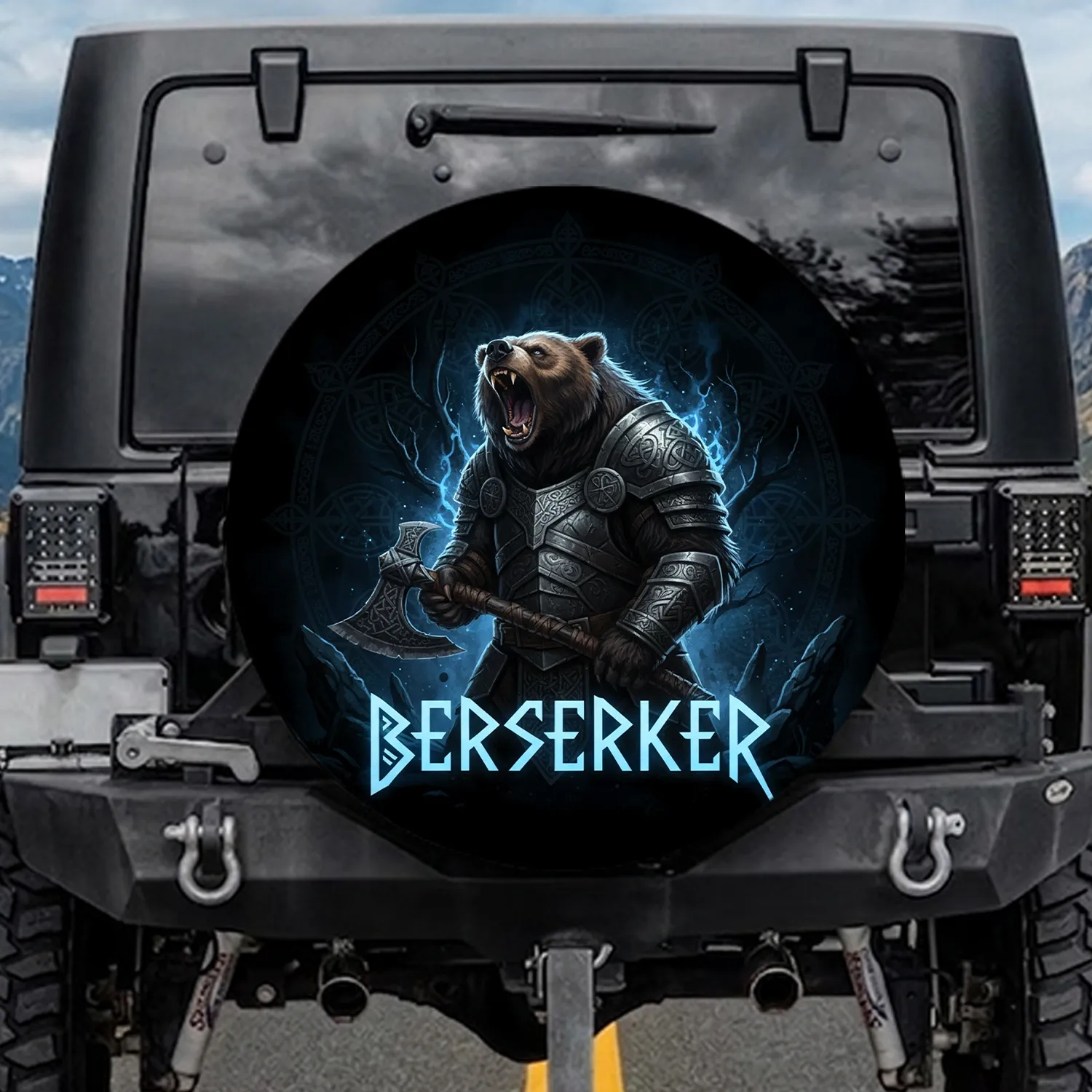 Armored Roaring Bear BERSERKER Ancient Nordic Rugged Battle Axe - Warrior Enthusiast Gift Spare Tire Cover - 1