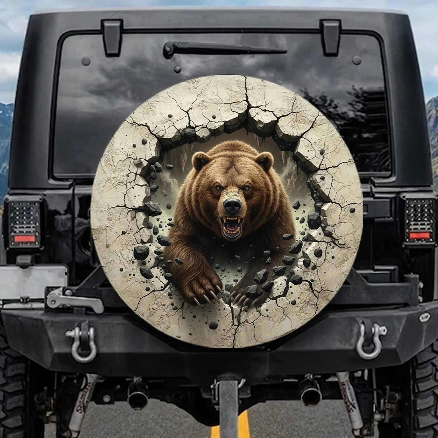 Powerful Grizzly Bear Breaking Through Jagged Rock Cave - Wildlife Lover Gift for Animal Lovers Spare Tire Cover - 1