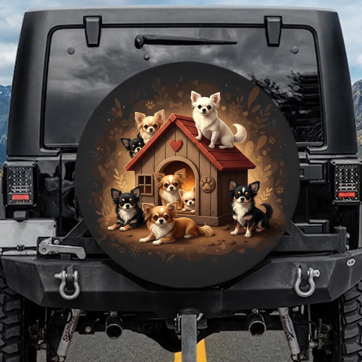 Chihuahua Dogs Red Roof Dog House Paw Heart - Pet Lover Gift for Dog Owners Spare Tire Cover - 1