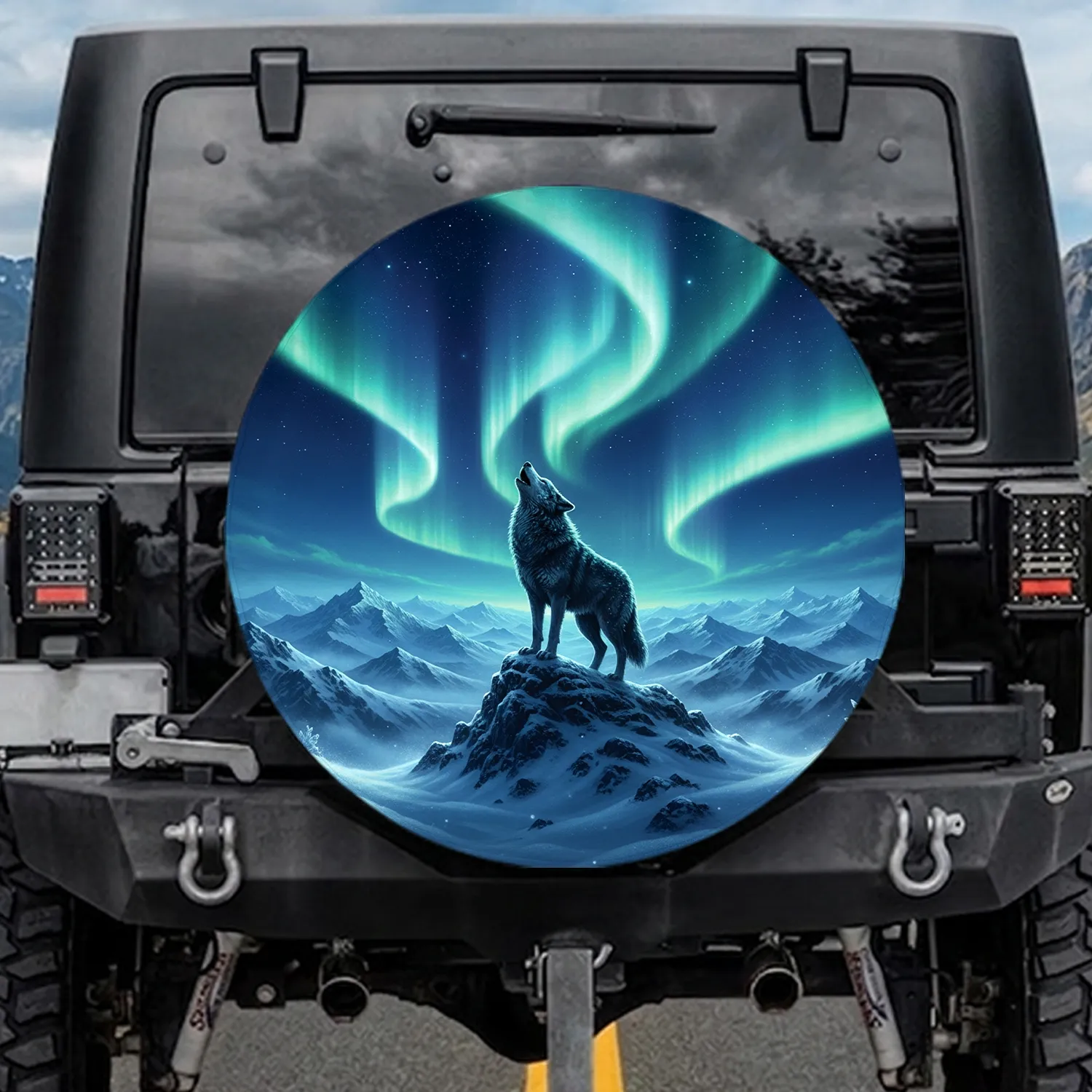 Lone Dark Wolf Snowy Mountain Aurora - Wildlife Lover Gift Spare Tire Cover - 1