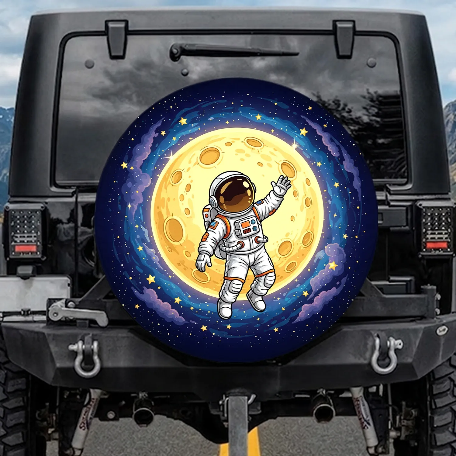 Floating Astronaut Yellow Moon Sparkling Stars Cosmic Night Sky - Travel Essentials for Space Lover Spare Tire Cover - 1