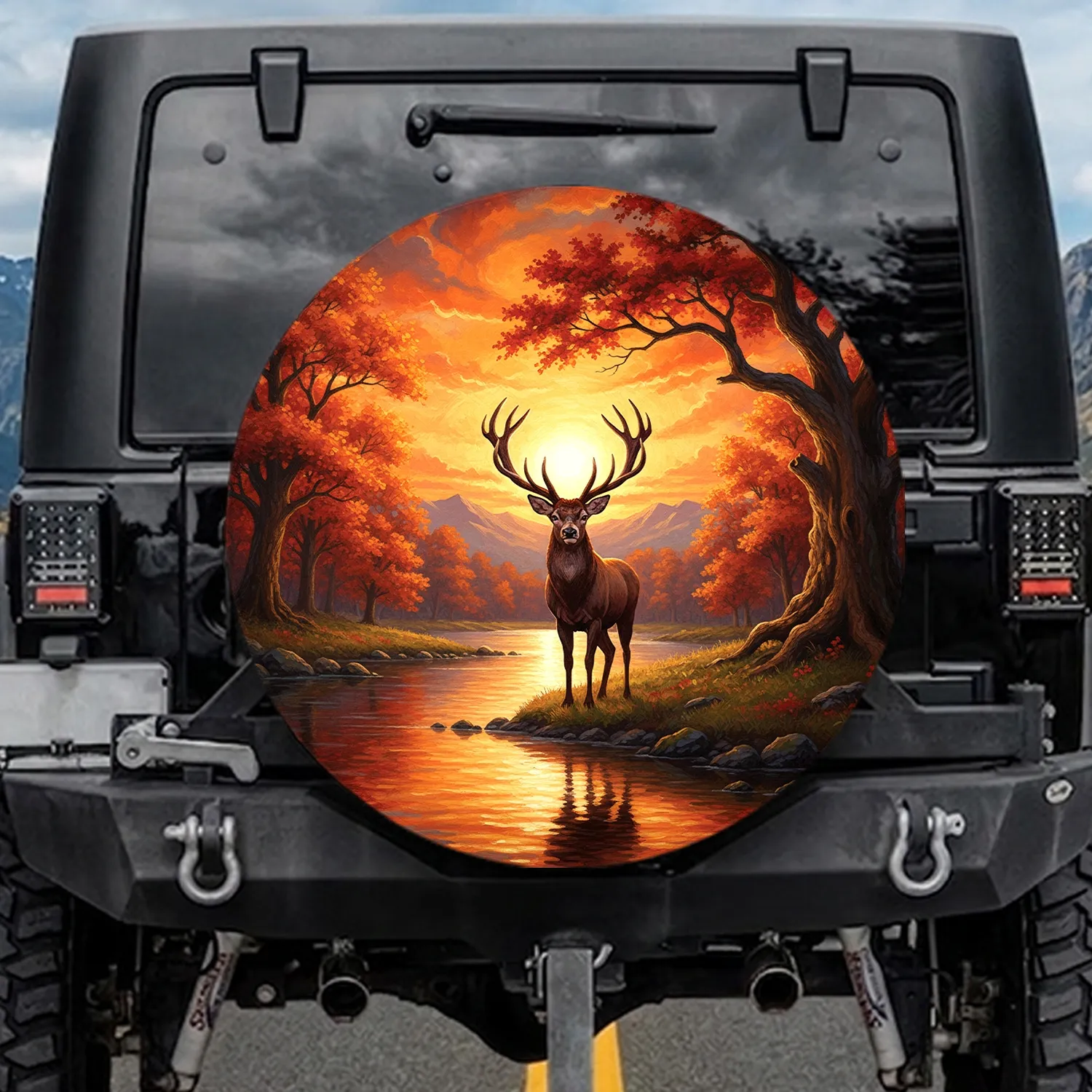Stag Deer Sunset Halo Autumn River Forest - Wildlife Lover Gift Spare Tire Cover - 1