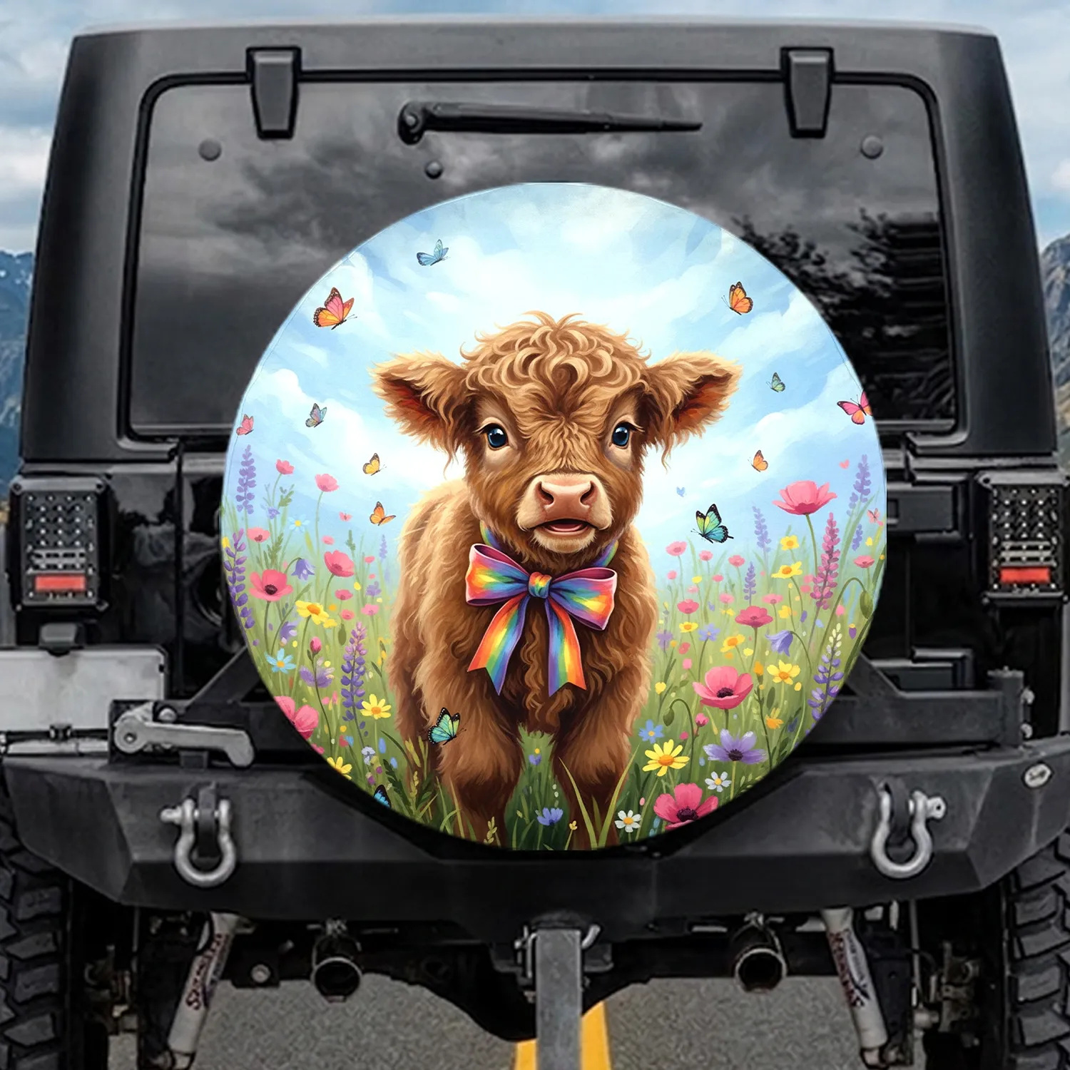 Highland Calf Rainbow Bow Wildflower Meadow Farmhouse Home Decor Gift for Cow Lover Spare Tire Cover - 1