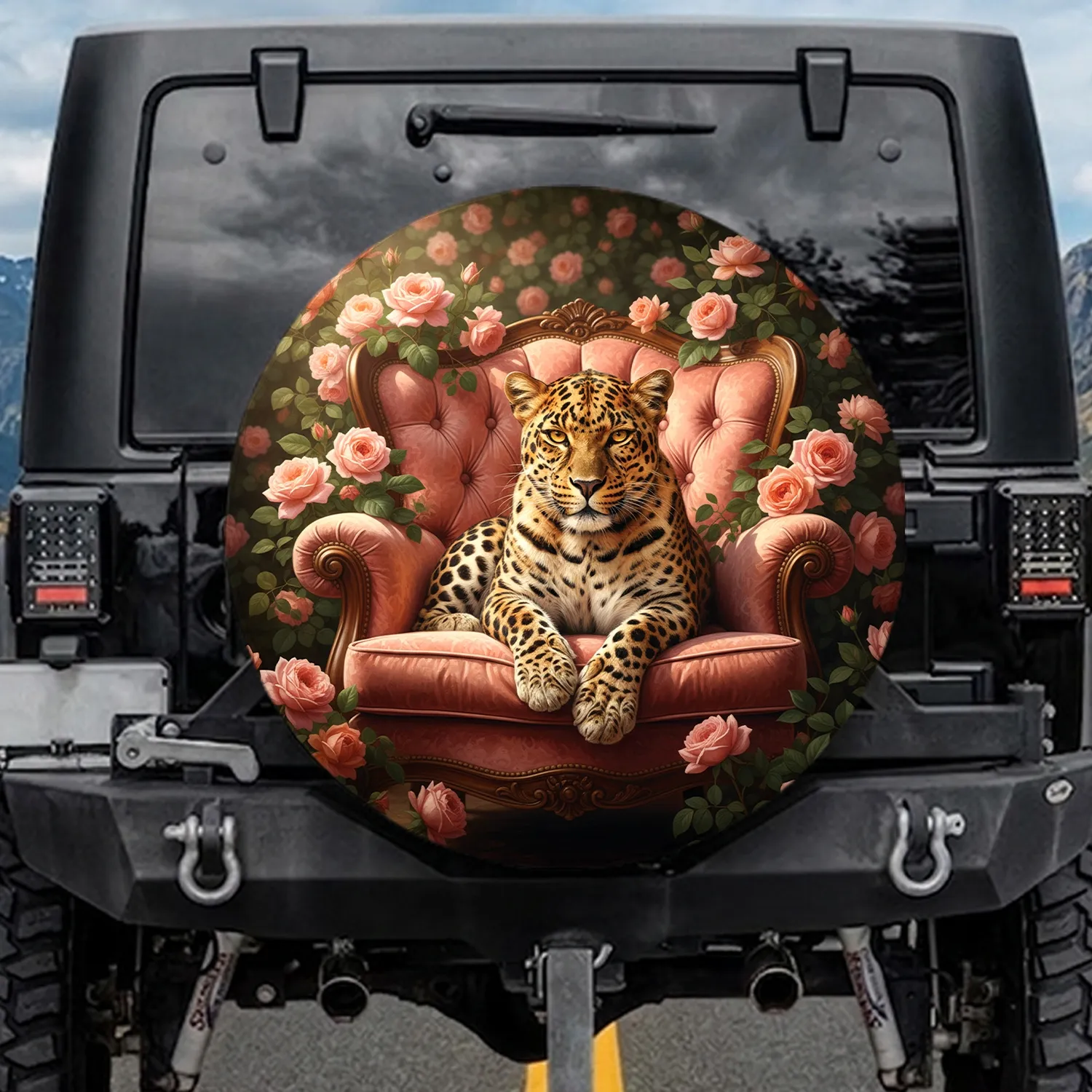 Leopard Pink Roses Garden - Wildlife Lover Home Decor Gift Spare Tire Cover - 1