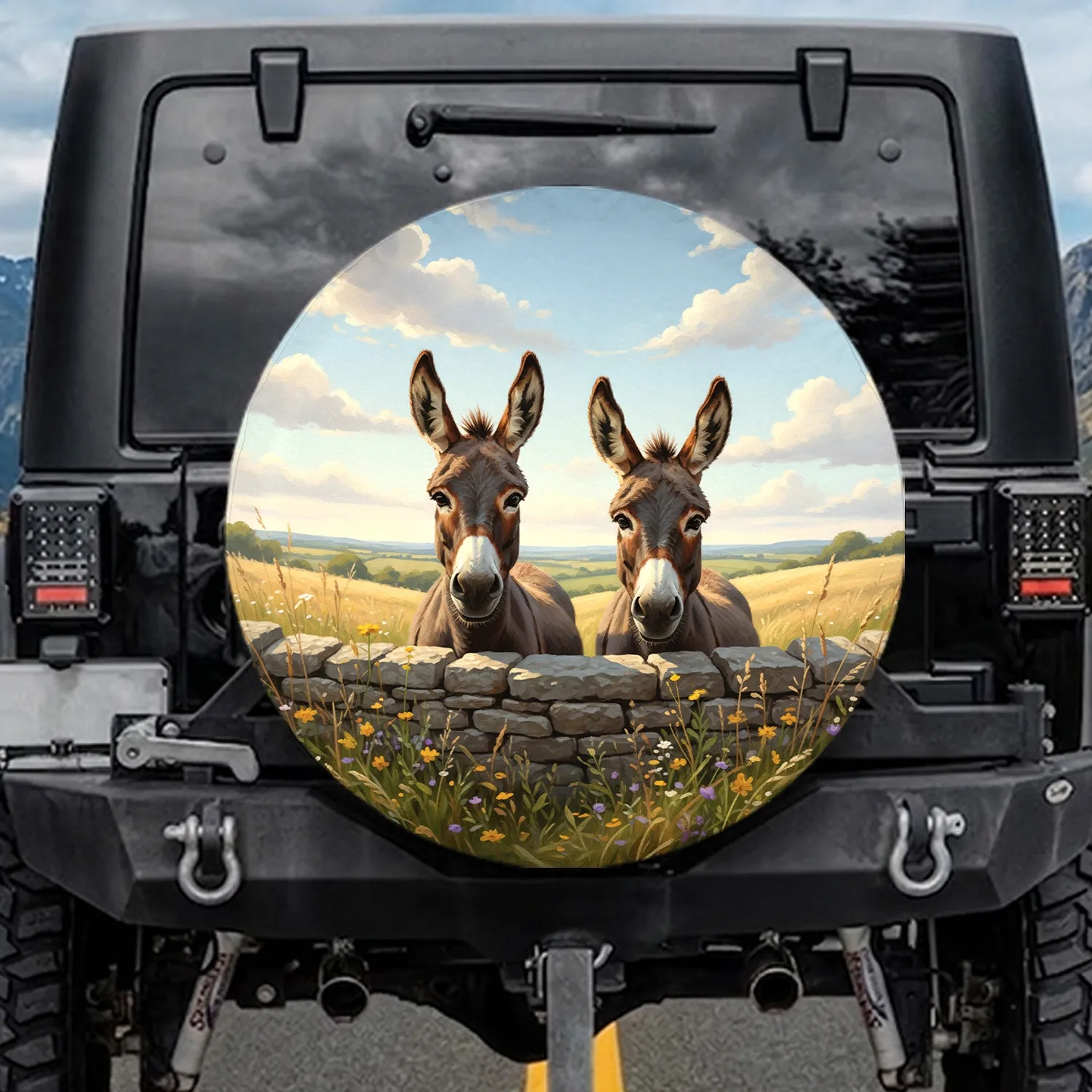 Donkeys Dry-Stone Wall Wildflowers - Farmhouse Home Decor Gift for Donkey Lover Spare Tire Cover - 1