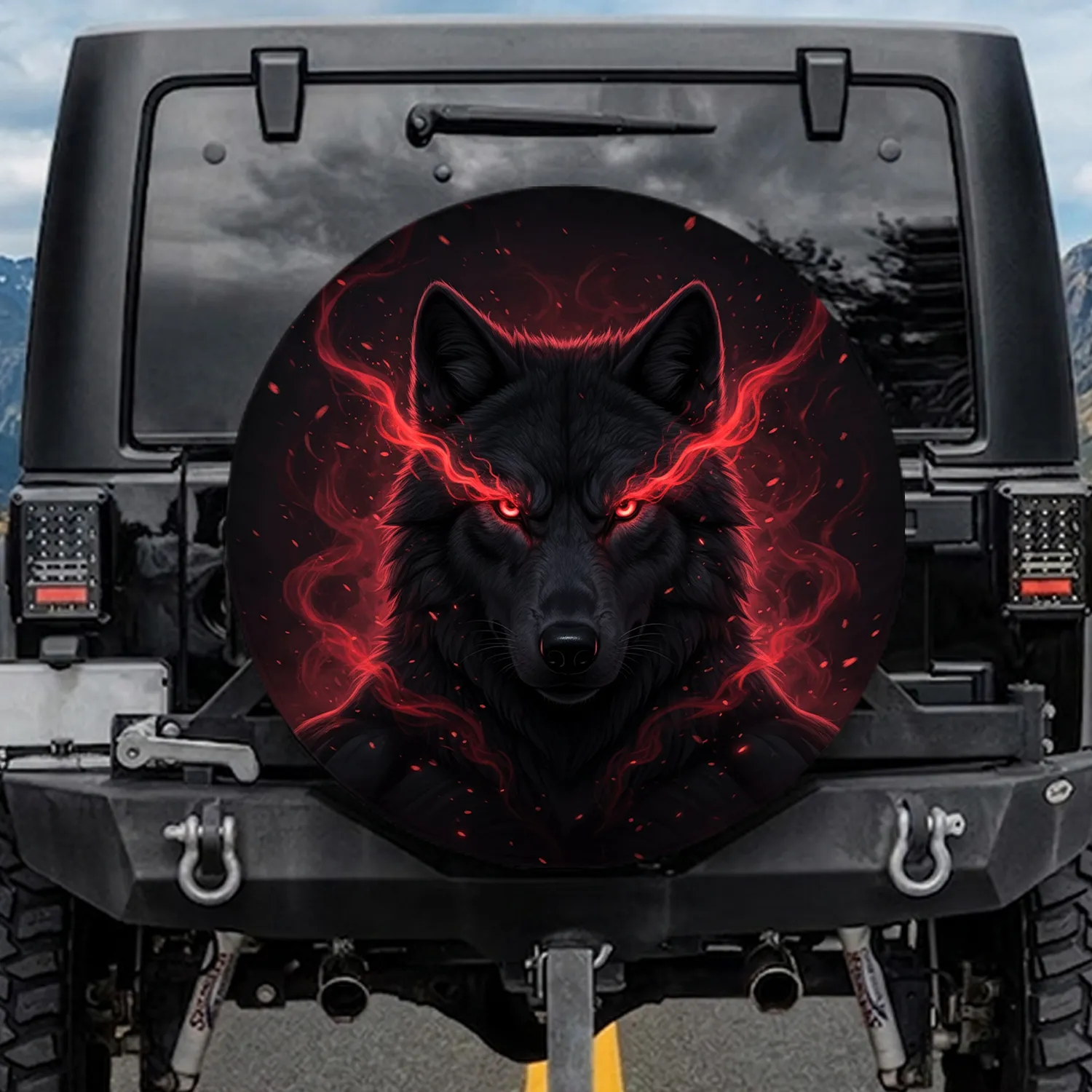 Black Wolf Head Glowing Red Eyes Mystical Smoke Wolf Shoulders - Wildlife Lover Gift Spare Tire Cover - 1