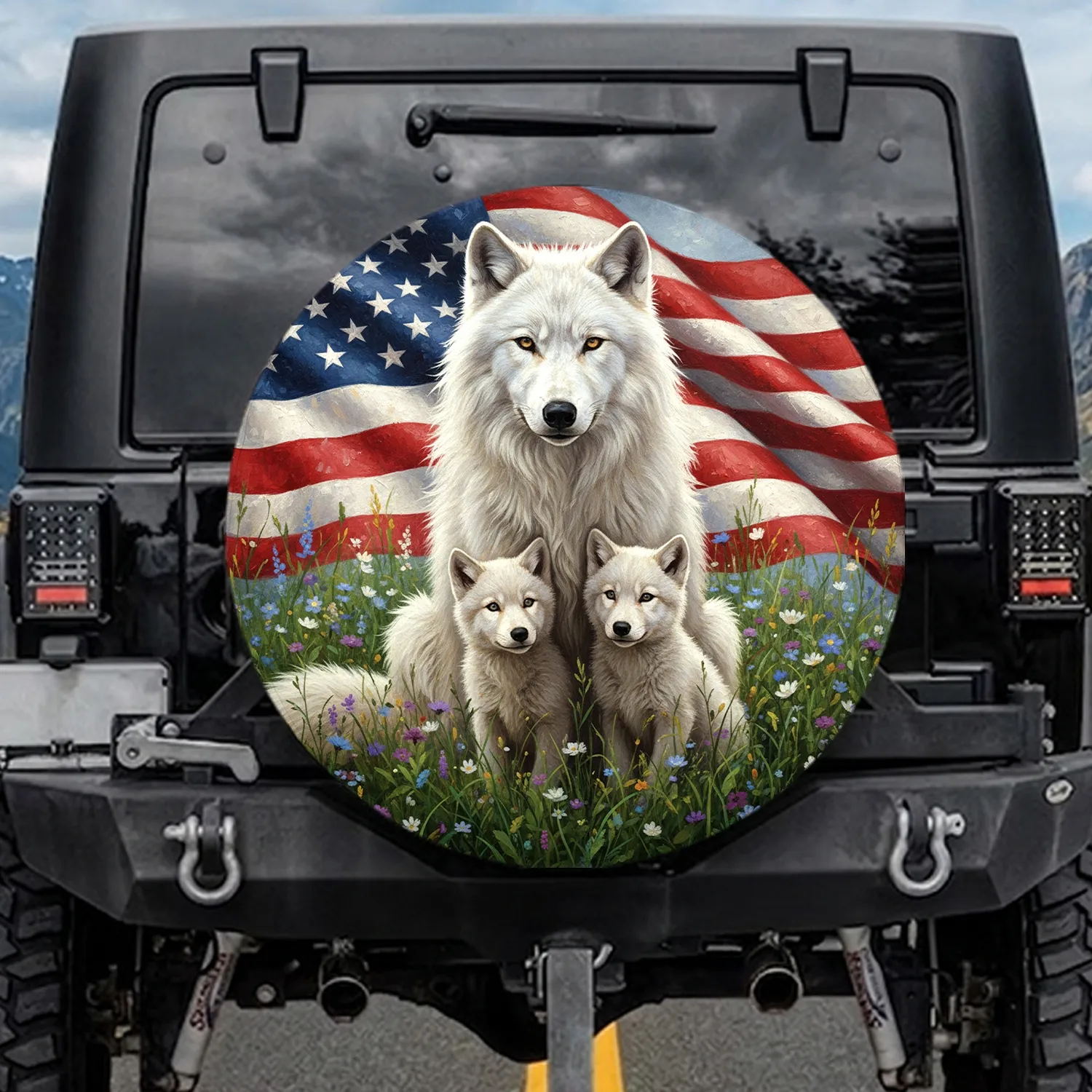 White Wolf Cubs American Flag Wildflowers - Wildlife Lover Gift Spare Tire Cover - 1
