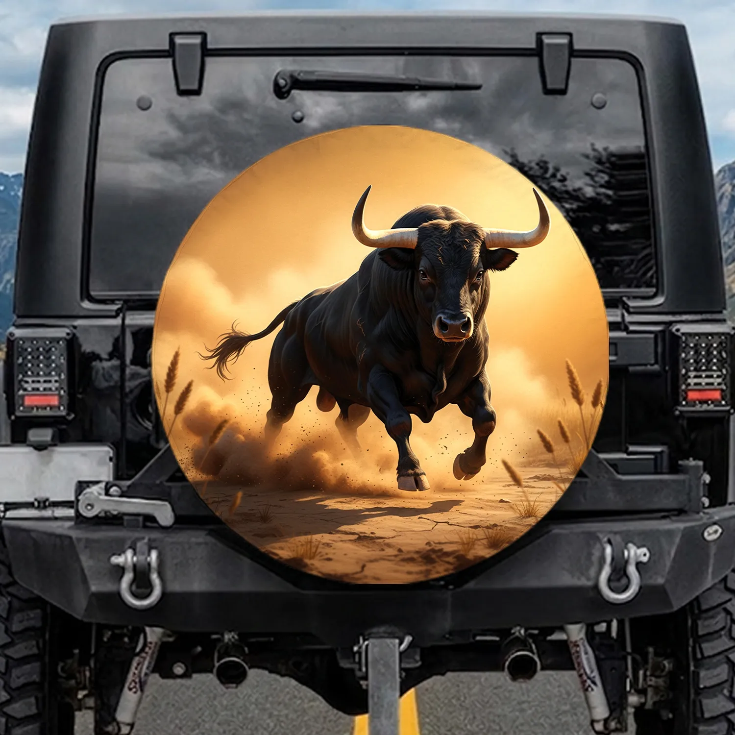 Charging Black Bull Golden Hour - Outdoor Adventure Wildlife Lover Gift Spare Tire Cover - 1