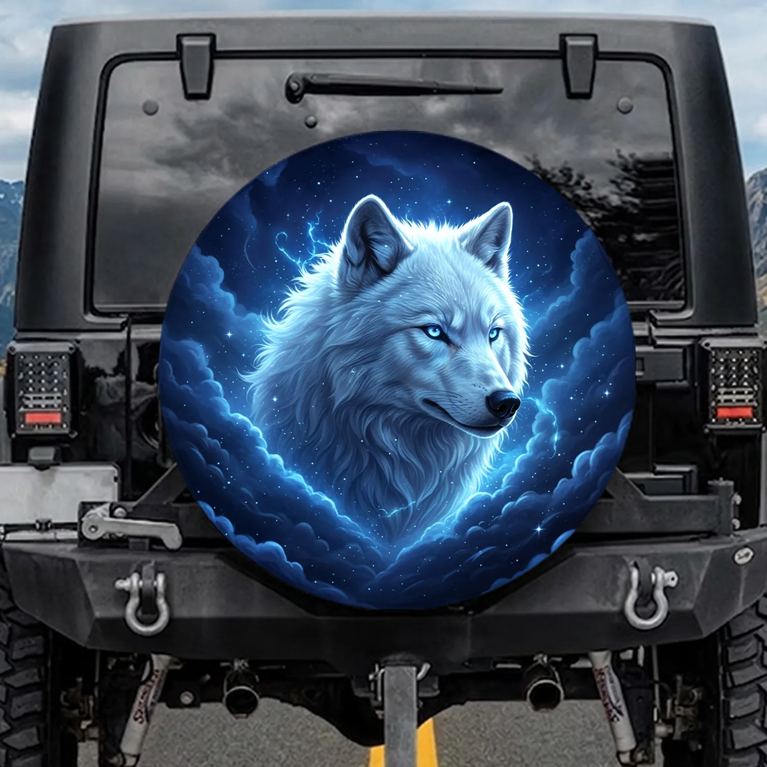 White Wolf Electric Blue Eyes Night Sky - Wildlife Lover Gift for Fantasy Lover Spare Tire Cover - 1